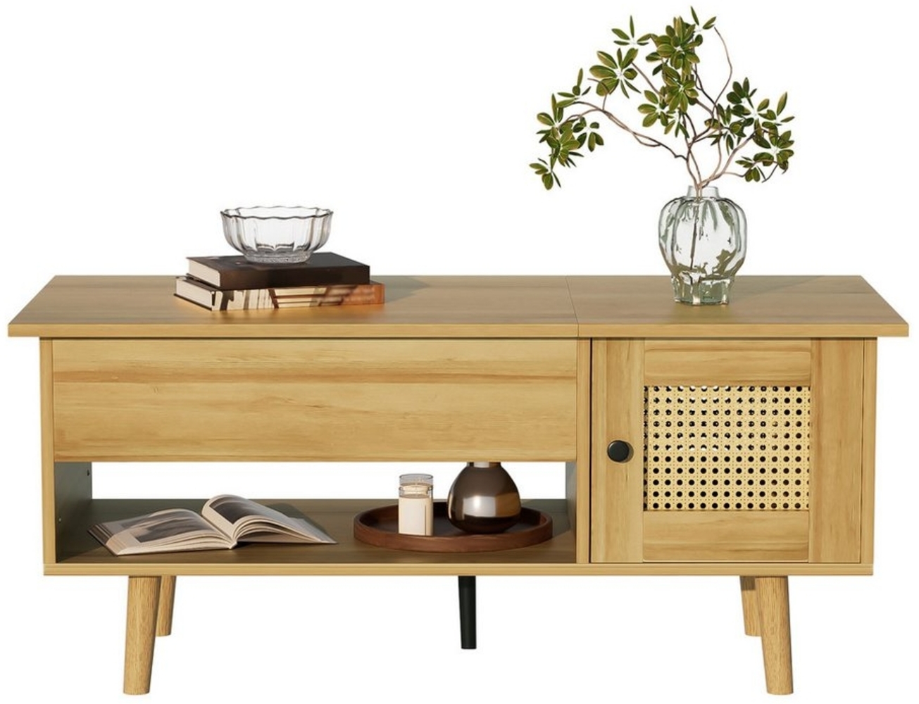 HAUSS SPOLE Couchtisch mit Hebefunktion, Stauraum und schwarzen Schubladen für Wohnzimmer (Satztisch, Wohnzimmertisch Beistelltisch, 1-St, verstellbarer Tischhöhe), edles Design mit Holzmaserung und schwarzen Akzenten Bild 1