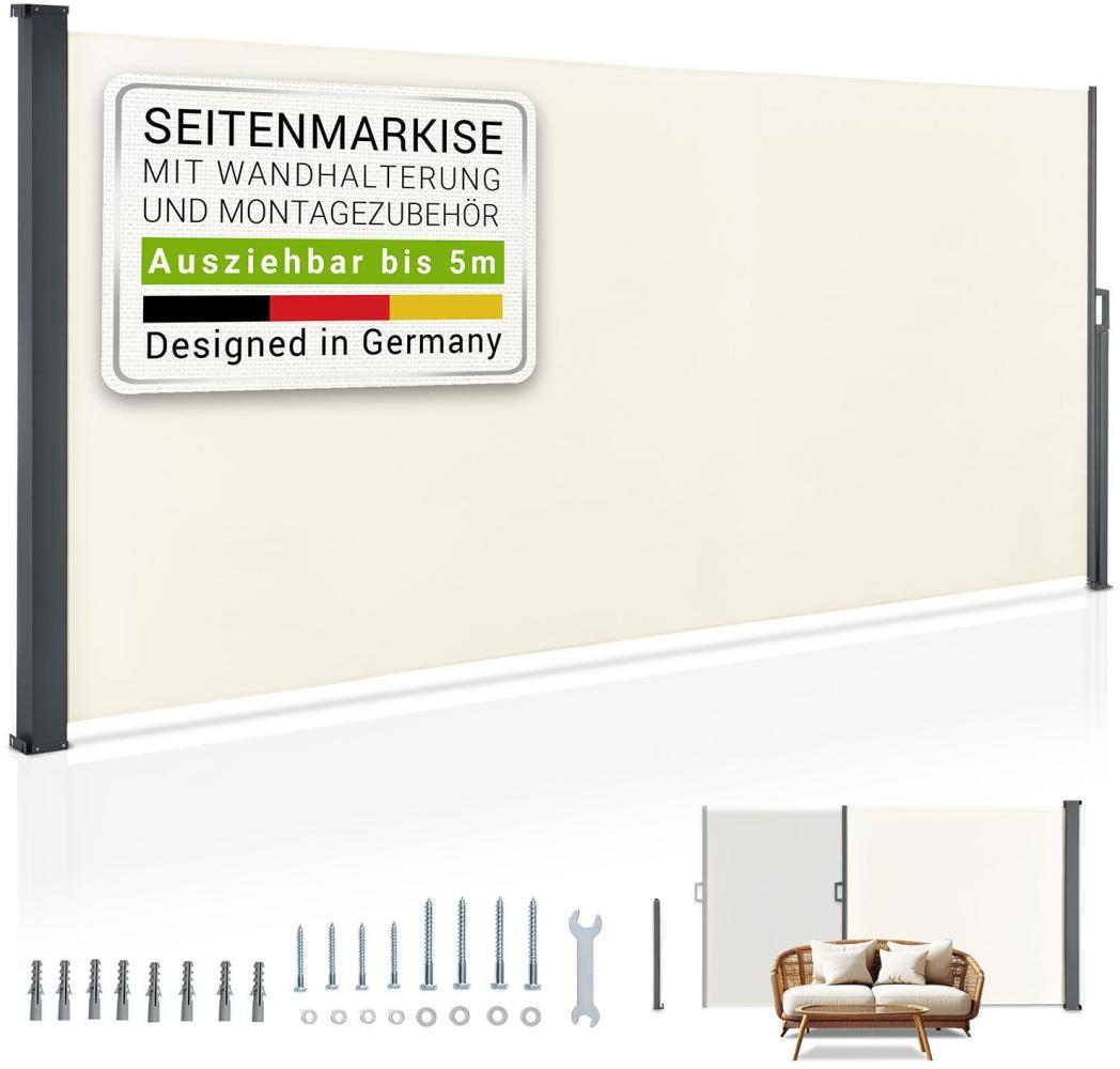 Juskys Seitenmarkise Dubai 500 x 160 cm ausziehbar blickdicht, Sichtschutz für Balkon & Terrasse, Seitenrollo mit Wandhalterung – beige Bild 1