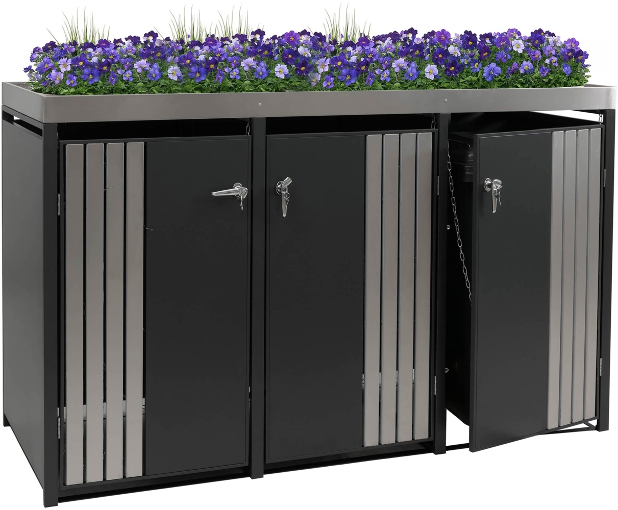 3er-Mülltonnenverkleidung HWC-O67, Mülltonnenbox mit Pflanzkasten, Metall 125x196x84cm 75kg ~ anthrazit Edelstahl Bild 1