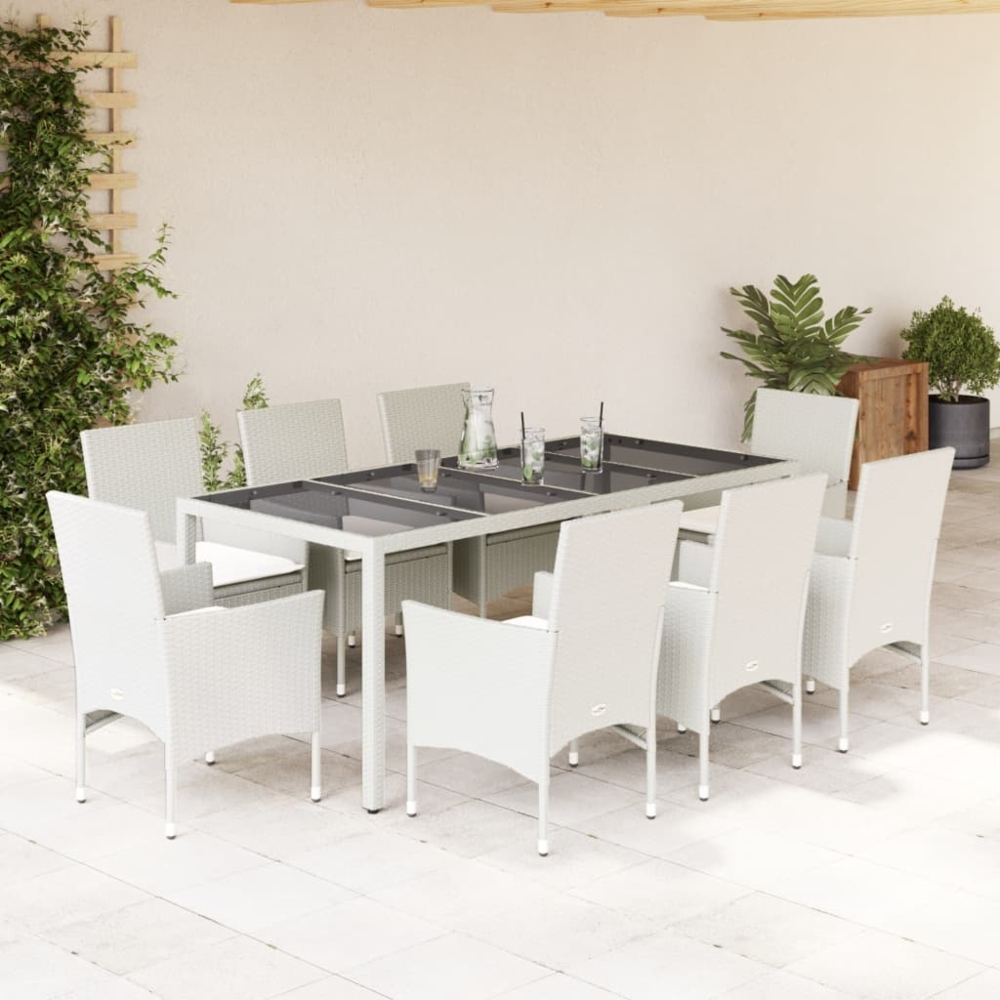 vidaXL 9-tlg. Garten-Essgruppe mit Kissen Weiß Poly Rattan und Glas 3278584 Bild 1