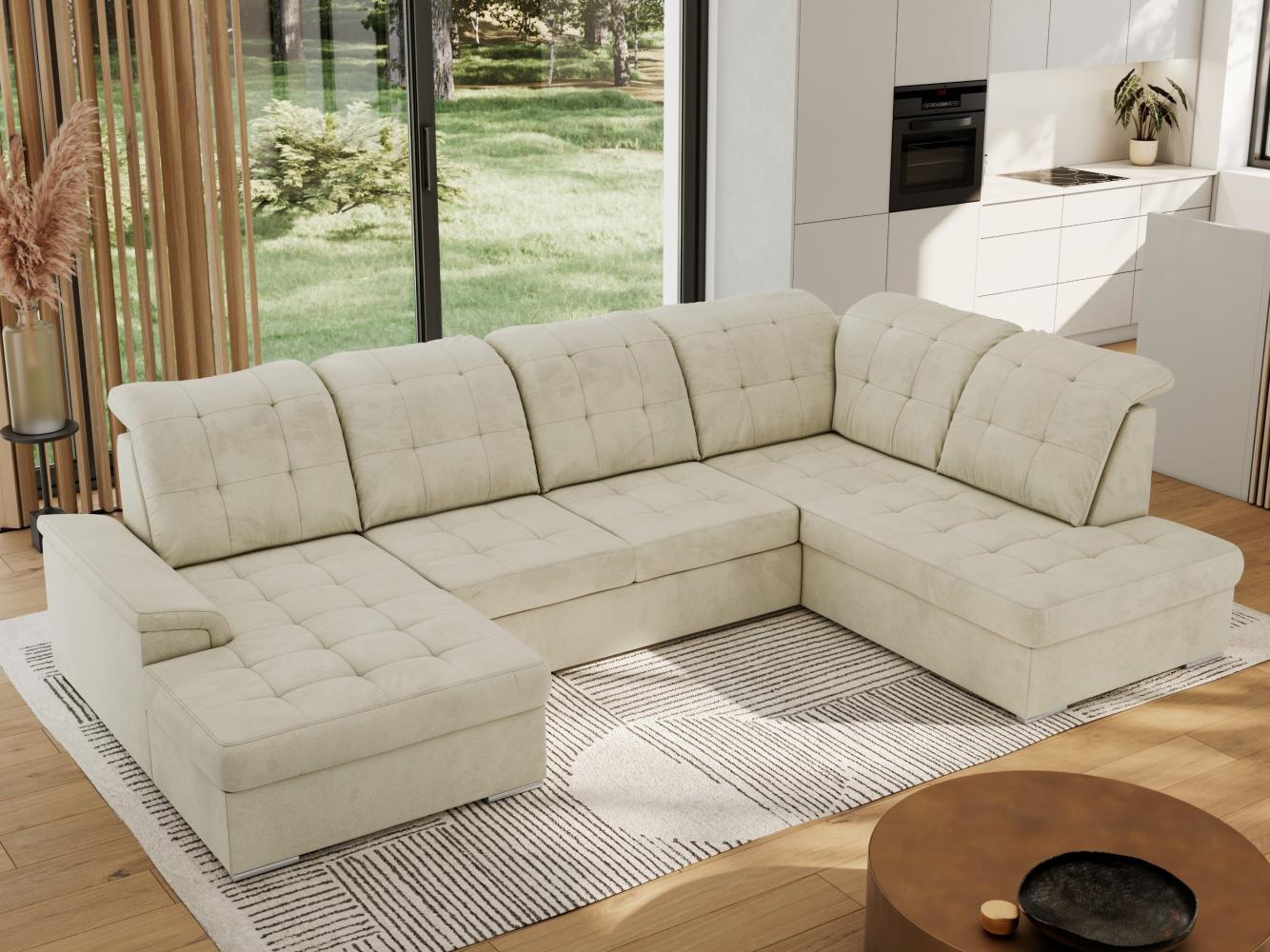 Ecksofa, Wohnzimmer U Couch, Polstersofa mit Bettkasten - MADRITO U - Beige Velorus - Rechts Bild 1