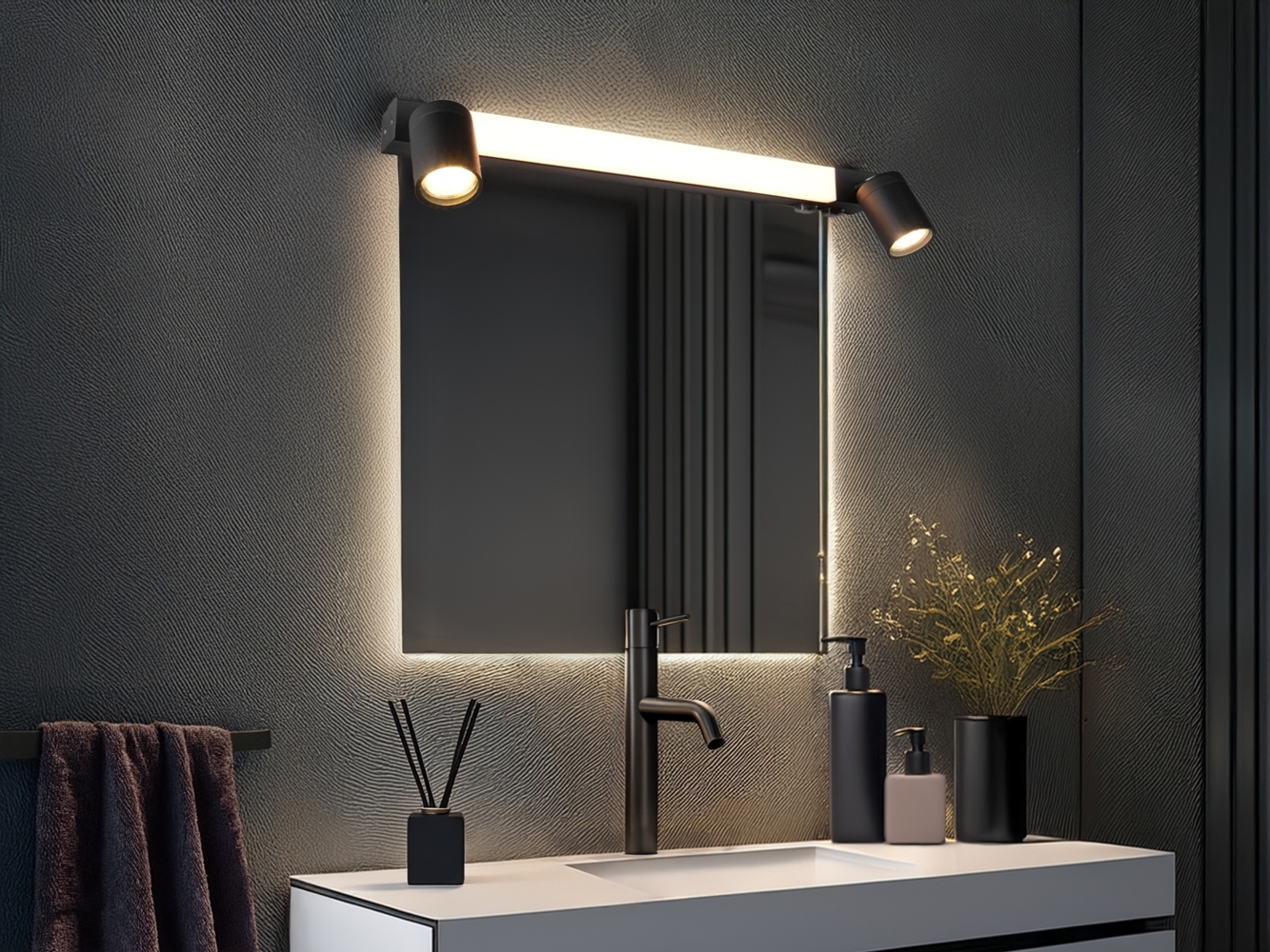 LED Bad Spiegelleuchte mit 2 Strahlern & Schalter, Schwarz Breite 60cm Bild 1