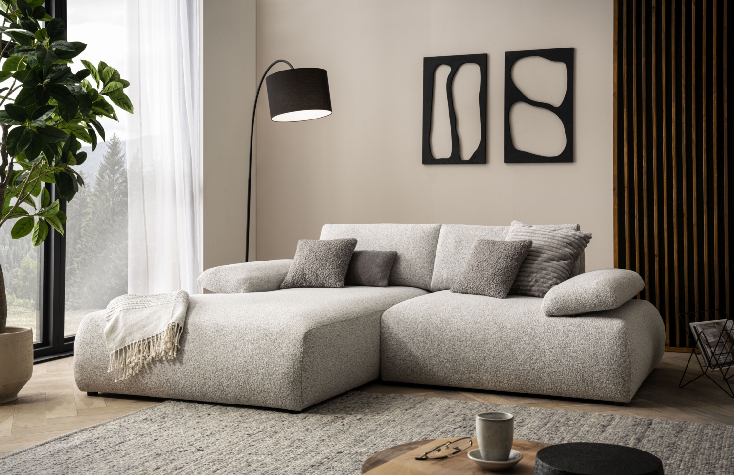 DOMO. collection Ecksofa 800 016, kleines Sofa in L-Form mit Taschenfederkern, Eckcouch, Modulsofa 244 x 188 x 80 cm (BxTxH), beige-schwarz Bild 1