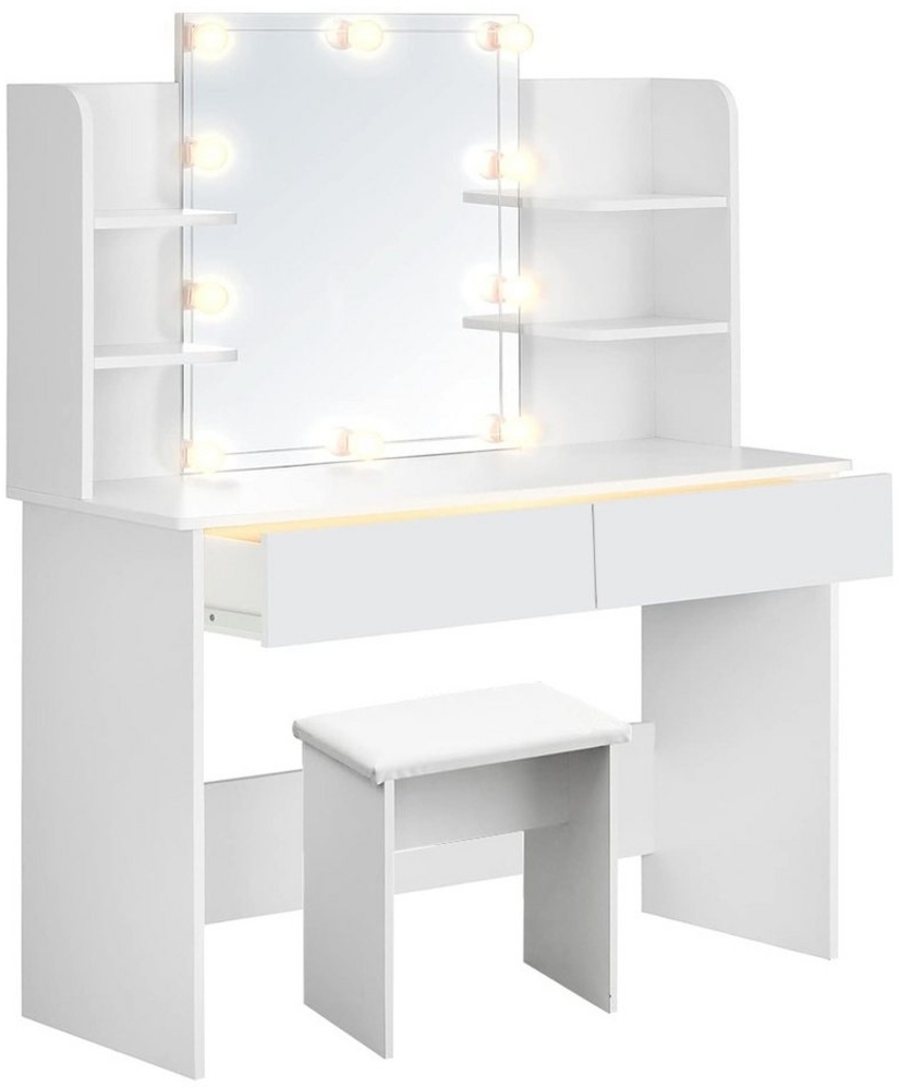 kehot Schminktisch Kosmetiktisch mit Spiegel, LED-Beleuchtung, Einstellbarer Helligkeit, Make-up Tisch mit 2 Schubladen und 4 offene Ablagen, für Schlafzimmer Bild 1