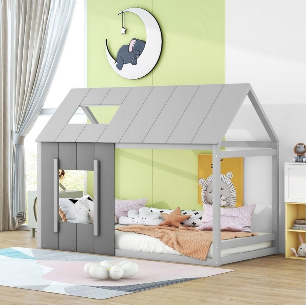 Flieks Kinderbett, Massivholz Einzelbett Hausbett mit Dach und Fenster 90x200cm Bild 1