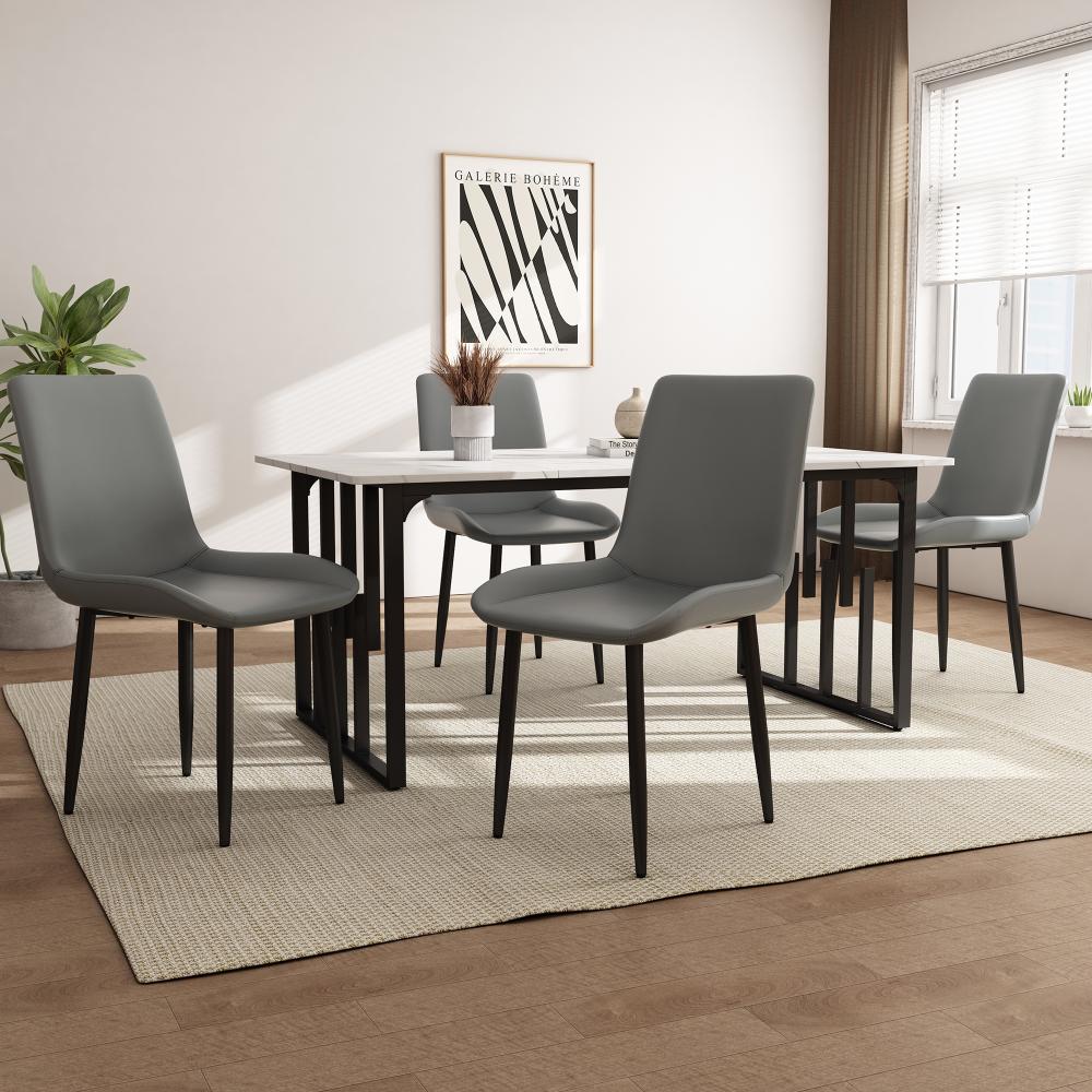 Merax Essgruppe (5-tlg),Esstisch mit 4 Stühlen Set, 140×80cm Küchentisch mit Schwarz Metallbeinen,Weißer MDF-Desktop,Spleißen von Tischplatten,Dunkelgrau PU Kunstleder Esszimmerstühle Mit Großzügiger Sitze Bild 1