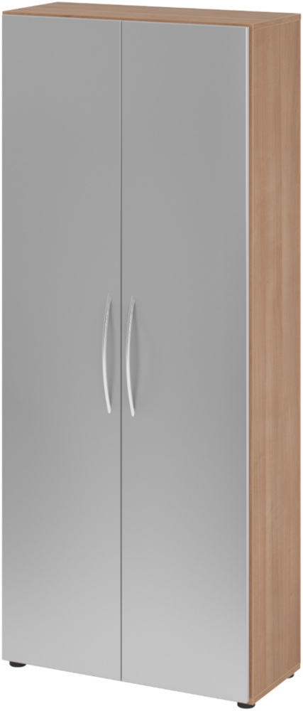 bümö Mehrzweckschrank 80cm breit, Aktenschrank o. Schuhschrank hoch, Schrank mit Regal, Küchenschrank in Nussbaum/Silber aus Holz, Vorratsschrank & Haushaltsschrank mit Metallgriffen, 4100-N-S Bild 1