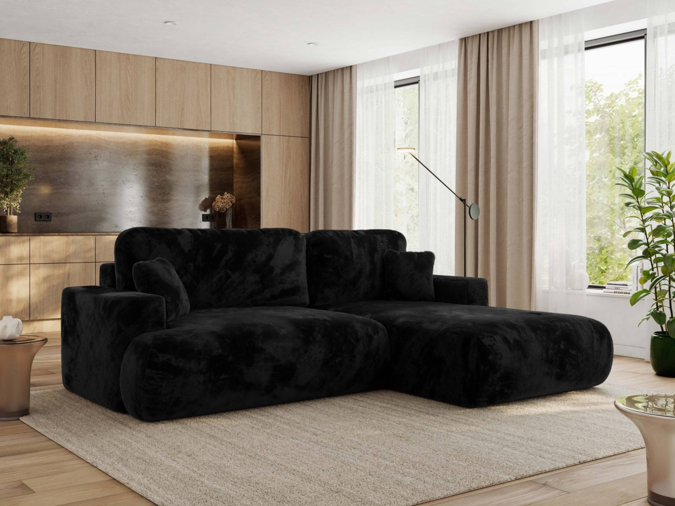 Ecksofa OVO mit schlaffunktion und bettkasten, Wellenfeder, lose Kissen, L-form 271x195 cm - Schwarz Plüsch - rechte Seite Bild 1
