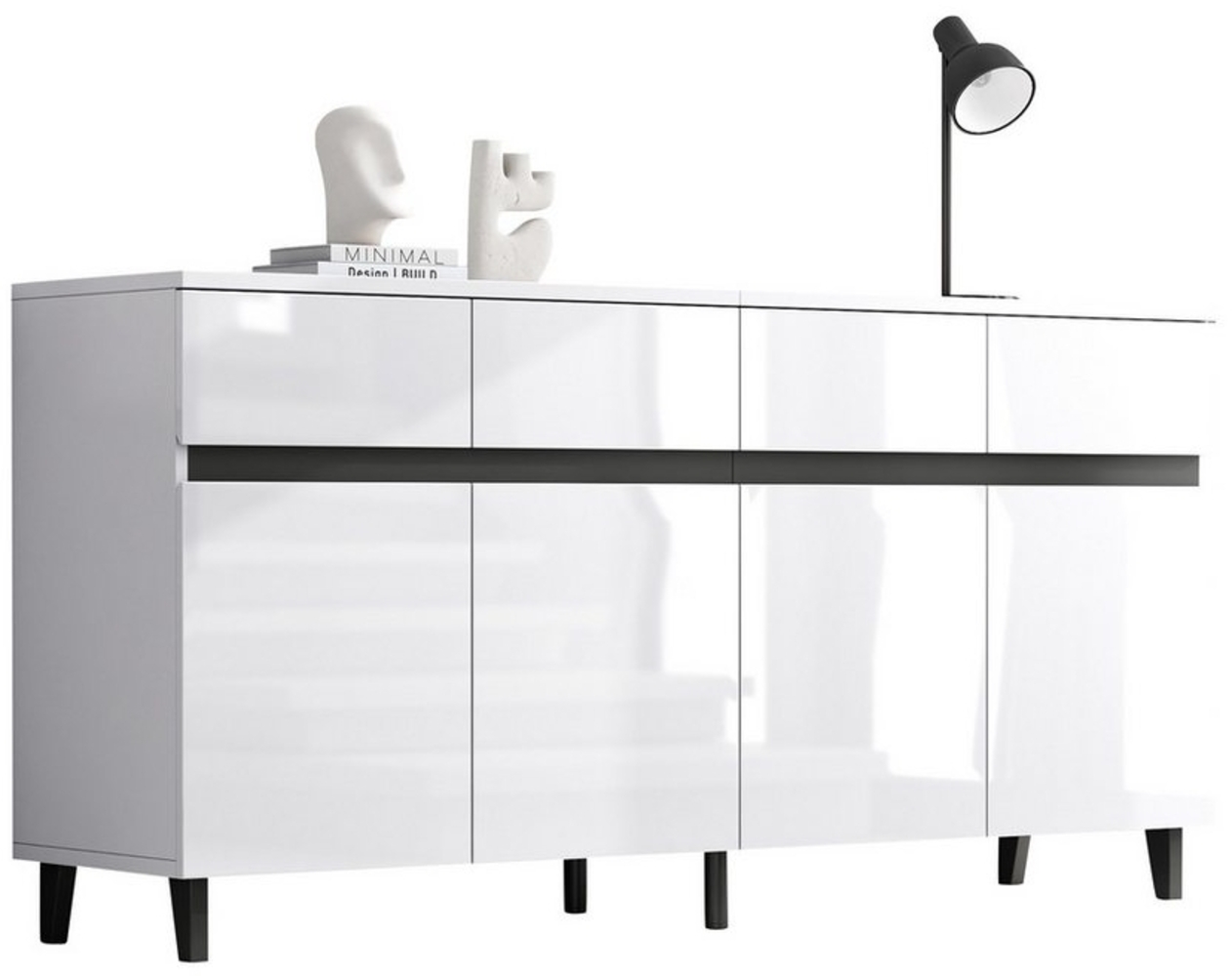 HAUSS SPOLE Sideboard Hochglanz Kommode mit 4 Schubladen, 2 Türen und Regalböden weiß (Kommode, Anrichte, Wohnzimmerschrank, Eckschranke, 1 St, 4 Schubladen, 2 Türen), mit höhenverstellbaren Regalböden Bild 1