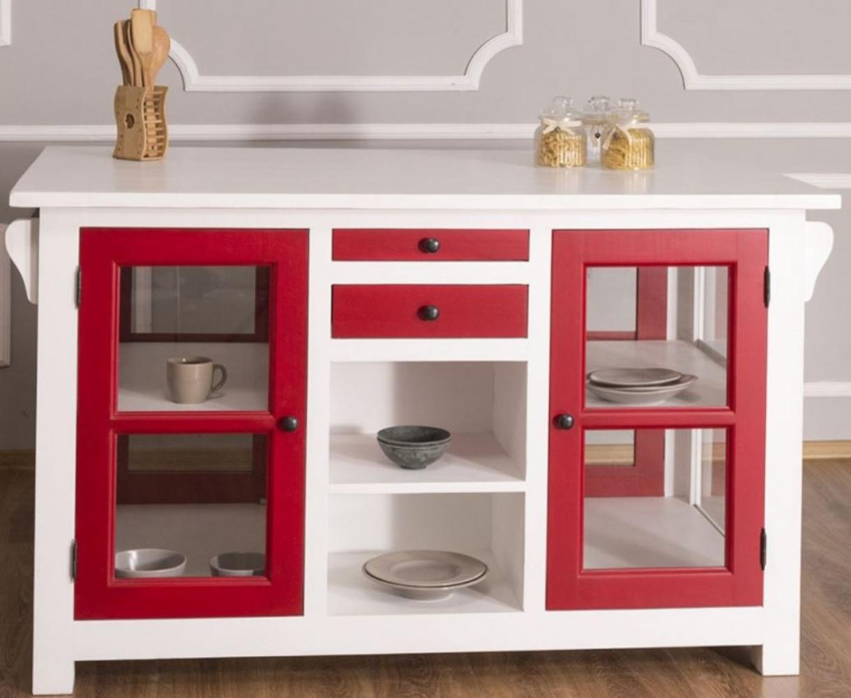 Casa Padrino Landhausstil Kücheninsel Weiß / Rot 150 x 90 x H. 90 cm - Massivholz Küchenschrank mit 4 Glastüren und 4 Schubladen - Landhausstil Küchenmöbel Bild 1