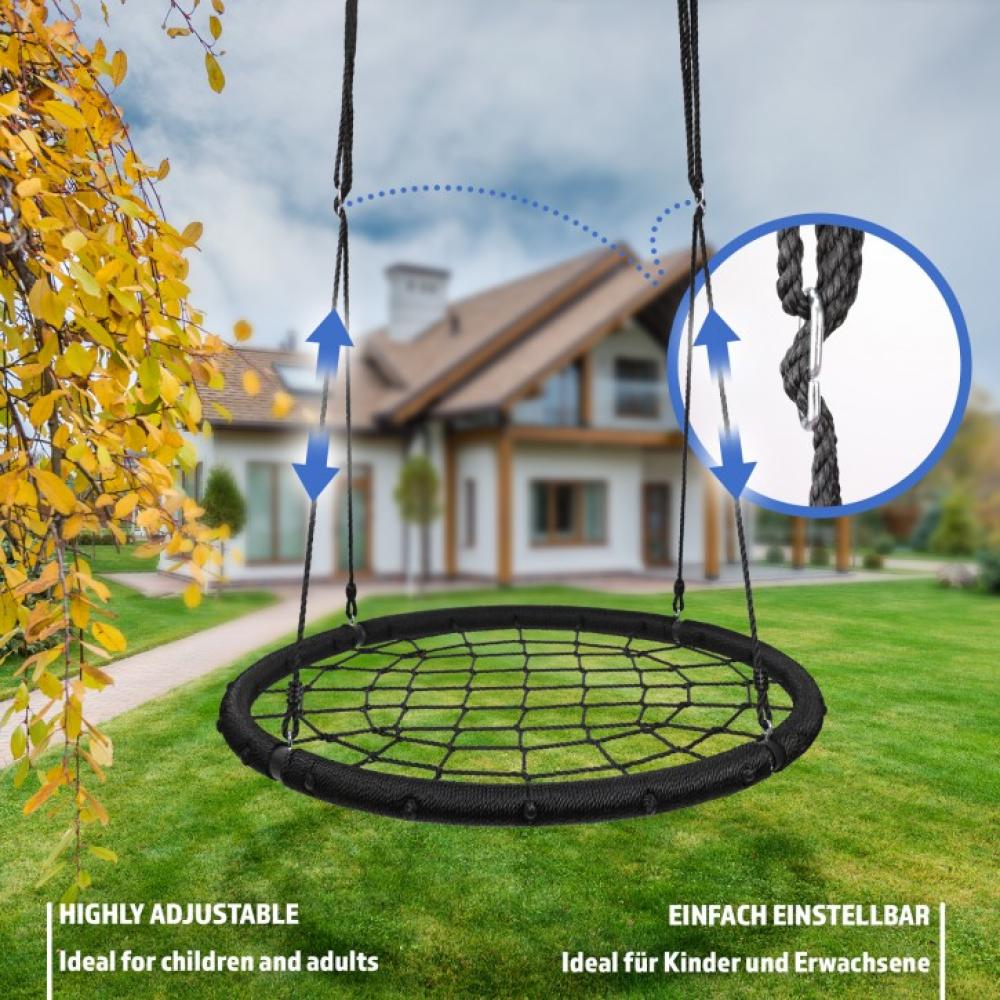 Physionics® Nestschaukel - Spinnennetz, für Kinder/Erwachsene, Outdoor/Indoor, 120cm Sitzfläche, bis 300 kg Belastbar, Höhenverstellbar, Schwarz - Tellerschaukel, Rundschaukel, Garten, Netz Schaukel Bild 1