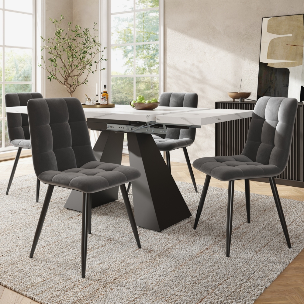Merax Essgruppe (5-tlg),Esstisch-Set, Ausziehbares Esstischset für 4 Personen,160×80×75cm Esstisch mit 4 Esszimmerstühlen,Grauer Samt-Esszimmerstuhl, Weißer Esstisch mit Säulenfüßen Bild 1