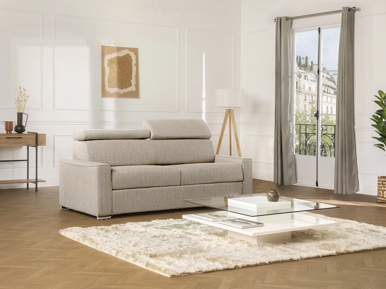 Schlafsofa 4-Sitzer Stoff VIZIR - Beige - Liegefläche: 160 cm - Matratzenhöhe: 18 cm mit Memory Schaum Bild 1