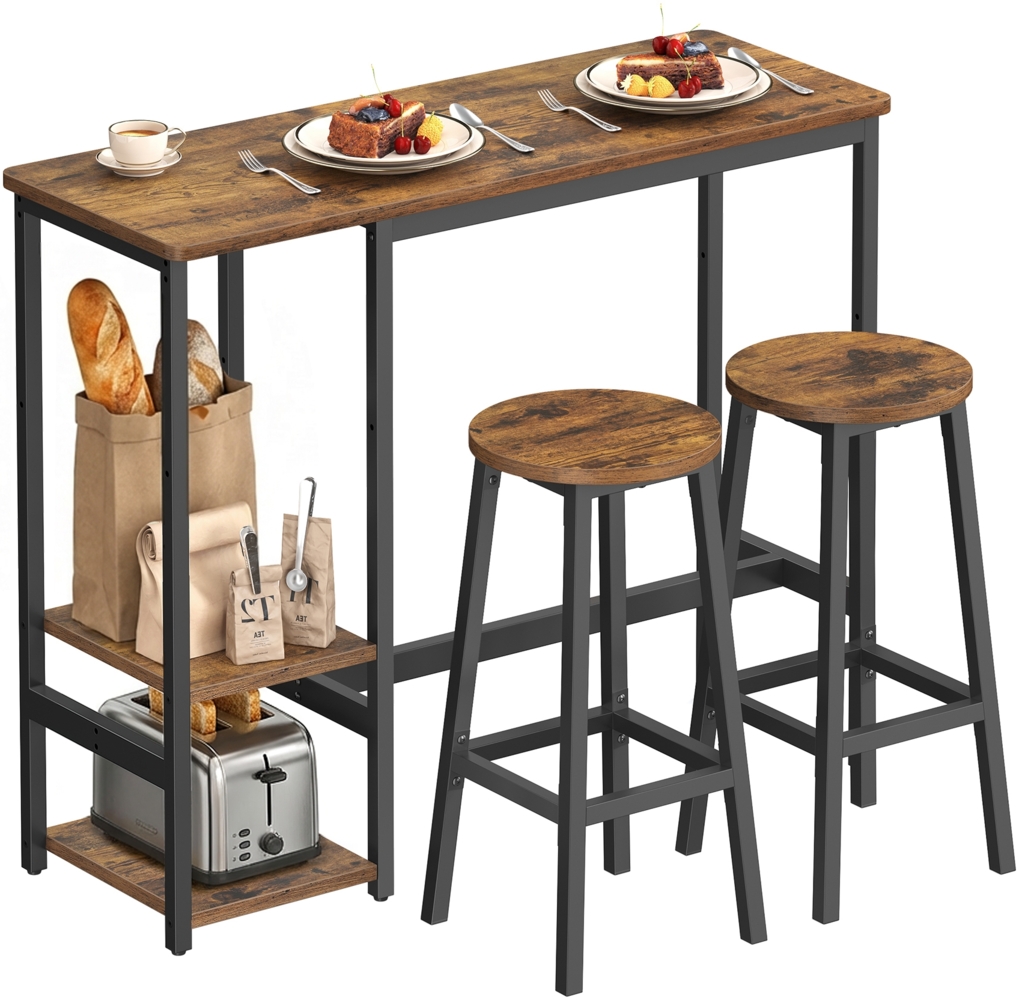 VASAGLE Bartisch-Set mit Regal, Essgruppe mit 2 Hockern, Metallgestell, für Küche oder Wohnzimmer, braun-schwarz Bild 1