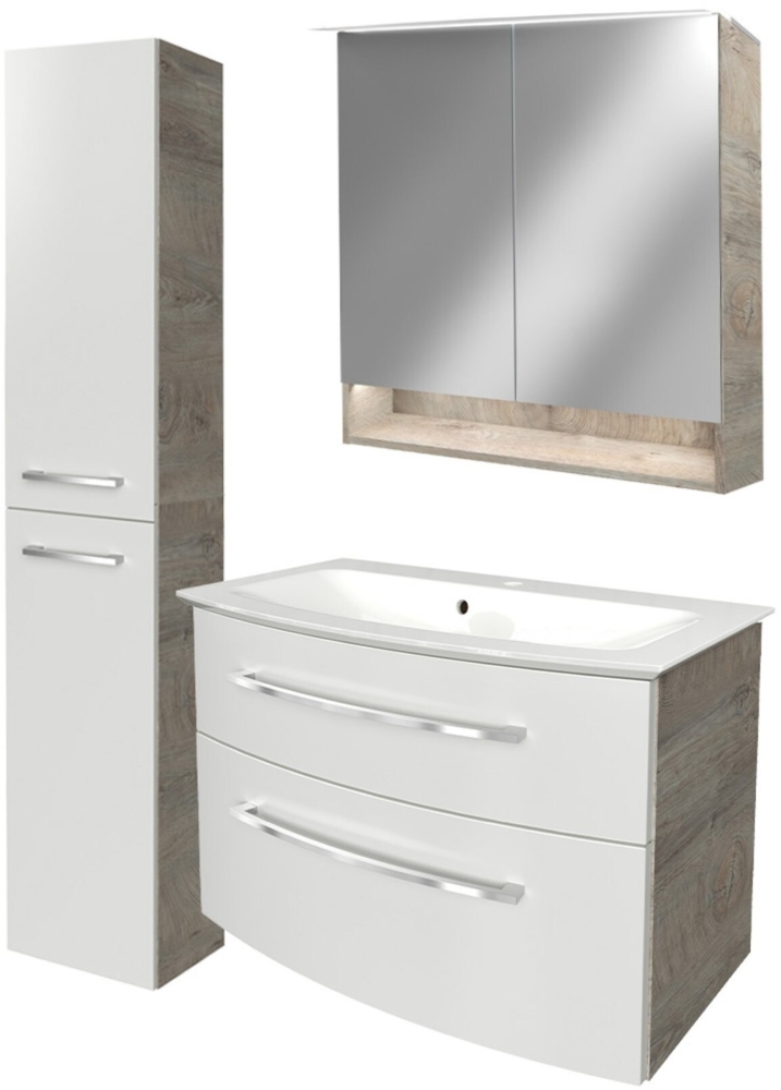 Fackelmann B.STYLE Badmöbel Set 4-teilig, 83 cm, Weiß/Grau + LED-Spiegelschrank + Hochschrank links Bild 1