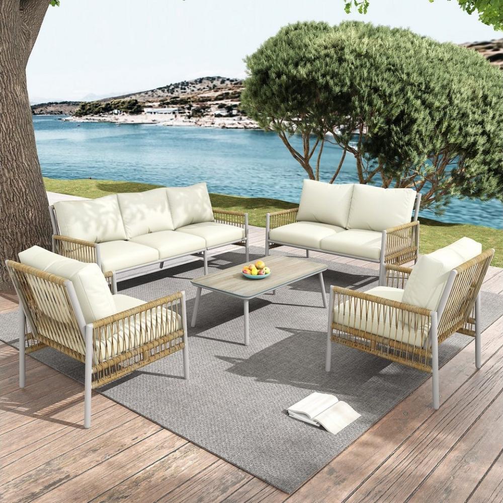 Merax Gartenlounge-Set für 7 Personen, (5-tlg, 1 3-Sitzer, 1 2-Sitzer, 2 Sessel, 1 Couchtisch), Gartenmöbel Set mit Stahlrahmen, Rope Lounge, Balkonset Bild 1