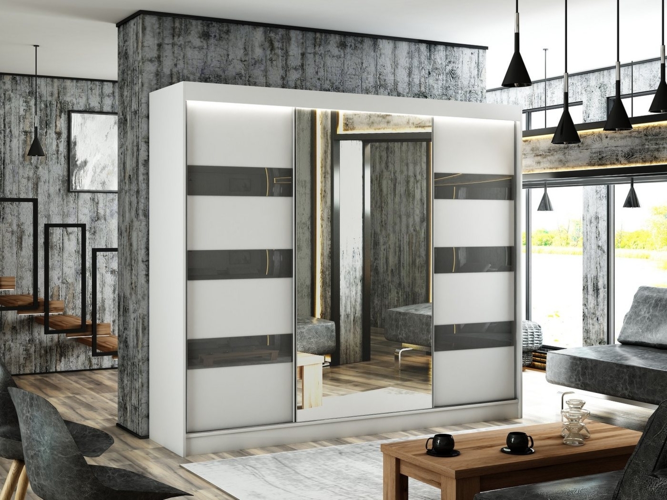 ALTDECOR Schiebetürenschrank LOSTE (Kleiderschrank Garderobenschrank mit viel Stauraum Moderner Schrank) Spiegel Spiegeltüren Vielseitiger Schwebetürenschrank LED Beleuchtung Bild 1