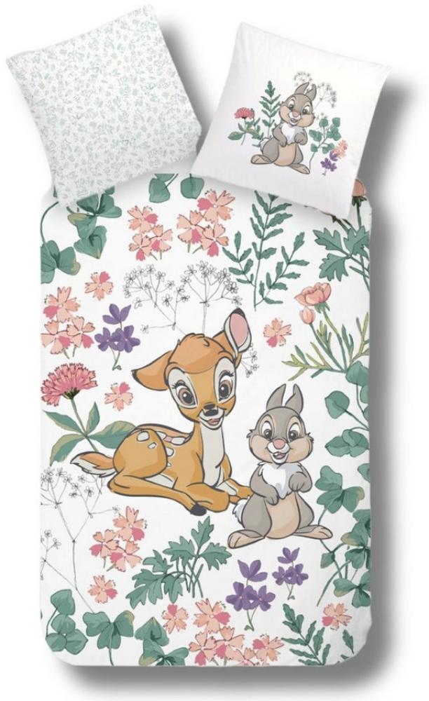 MTOnlinehandel Kinderbettwäsche "Flower" Renforcé in 135x200 + 80x80 cm, Disney, 100% Baumwolle, 2 teilig, Wende- Motiv mit Bambi & Klopfer, weiß, mint, rose Bild 1