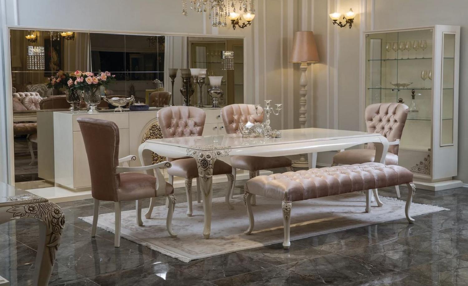 Casa Padrino Luxus Barock Esszimmer Set Rosa / Weiß / Beige - 1 Esszimmertisch & 4 Esszimmerstühle & 1 Sitzbank - Barock Esszimmer Möbel Bild 1