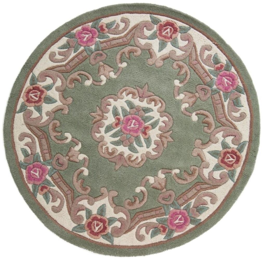 Kadima Design Traditioneller Wollteppich "Beauly" mit Handgeschnitzten Details. Farbe: Grün-Beige, 120x120 cm Bild 1