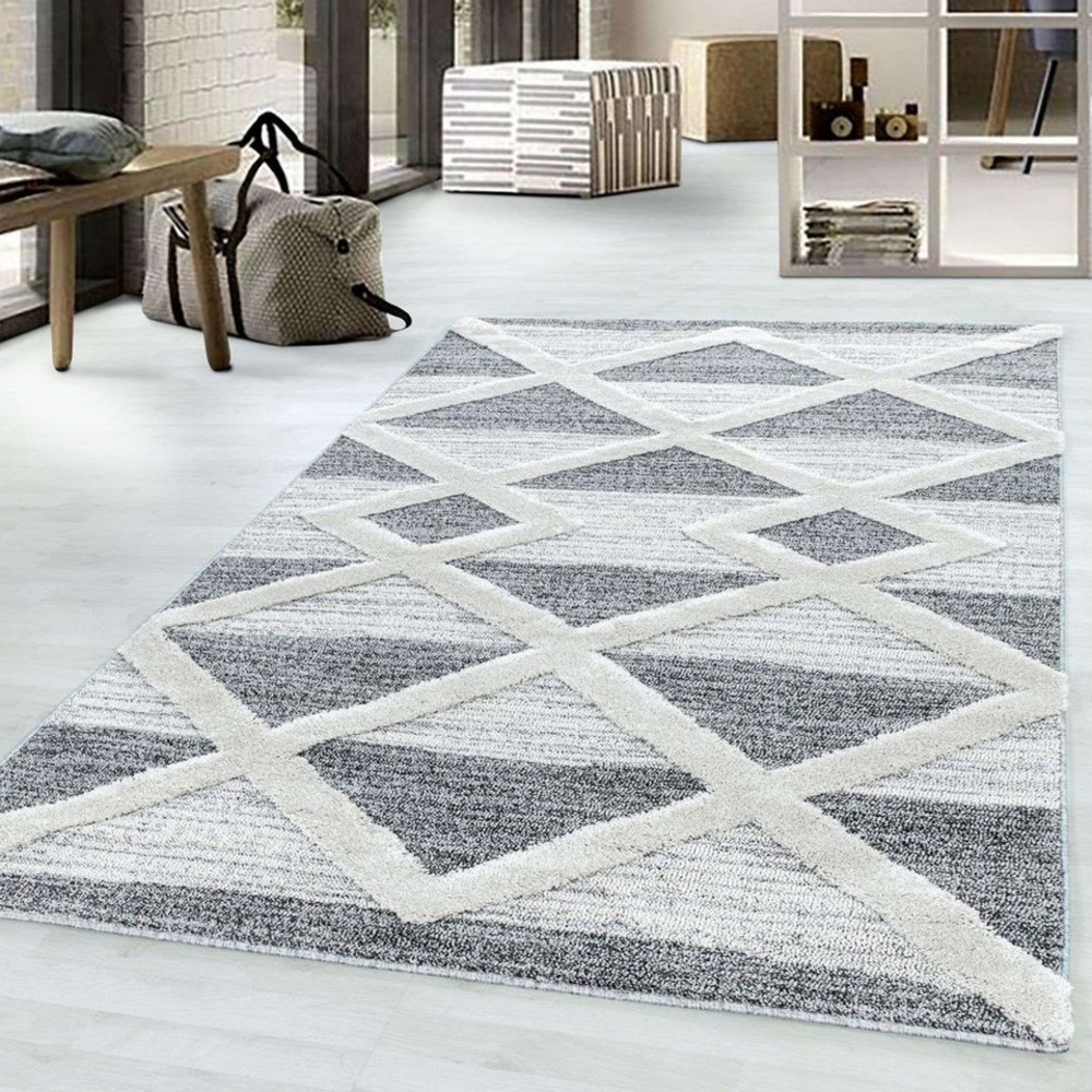 TaraCarpet Designteppich Designerteppich Tokio hoch-tief Struktur Rauten weiß-grau, rechteckig, Höhe: 20 mm, moderner scandi boho Rauten weiß Wohnzimmer Schlafzimmer Flur 280x370 Bild 1