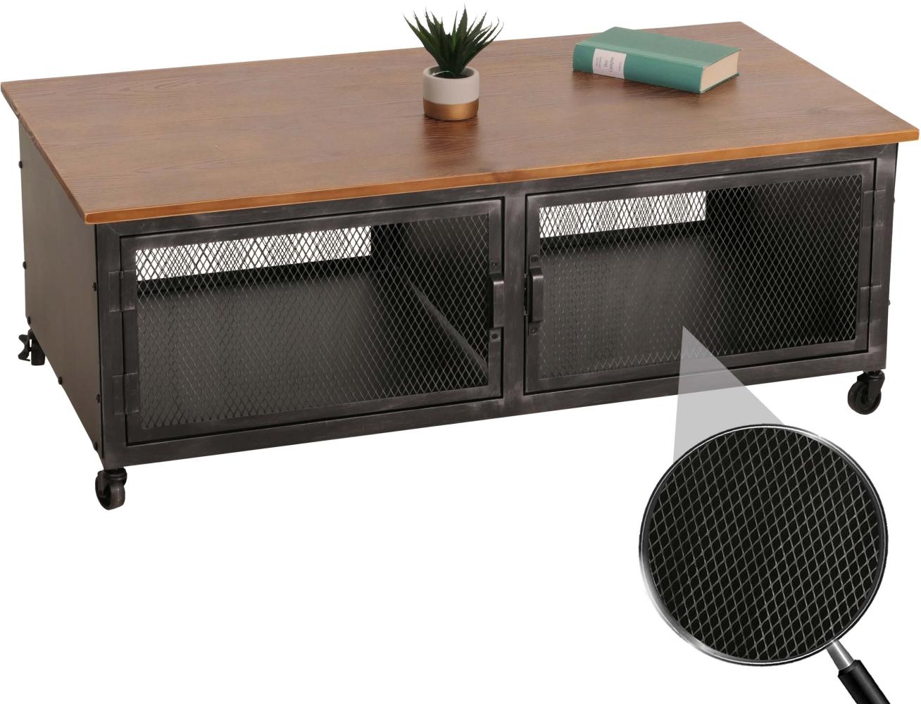 Couchtisch HWC-N28, Sofatisch, Rollen 2 Fächer, 3D-Struktur Industrial Retro Metall Holz 45x120x60cm ~ schwarz, braun Bild 1