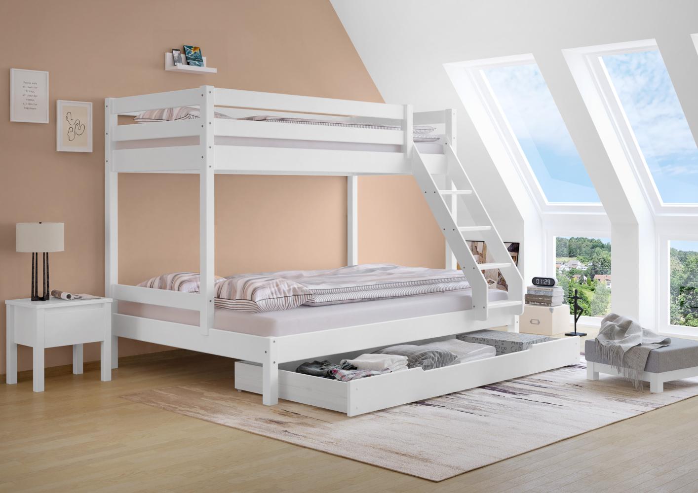 Doppel-Etagenbett 140x200 und 90x200 Erwachsenen-Stockbett Kiefer Massivholz weiß V-60.18W-09-14Rollrost und Bettkasten inkl. Bild 1