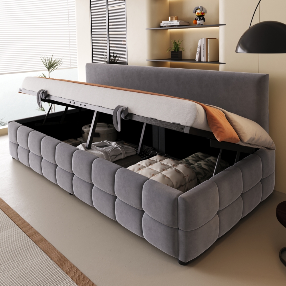 Merax Polsterbett Einzelbett Sofabett 90*200 cm, Mit Hydraulischem Stauraum, Rückenlehne Ohne Armlehnen, Mit Markantem, Samtstoff Dunkelgrau Bild 1