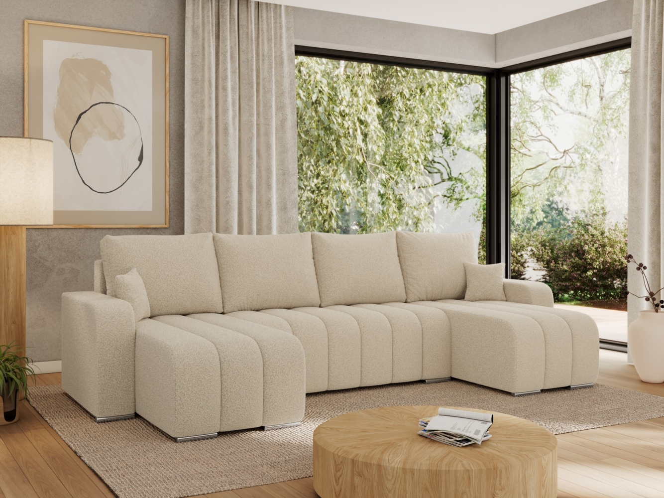 U-förmiges Ecksofa mit Schlaffunktion auf Wellenfederung, Couch U-form - KIRASSO U - Beige Boucle Bild 1