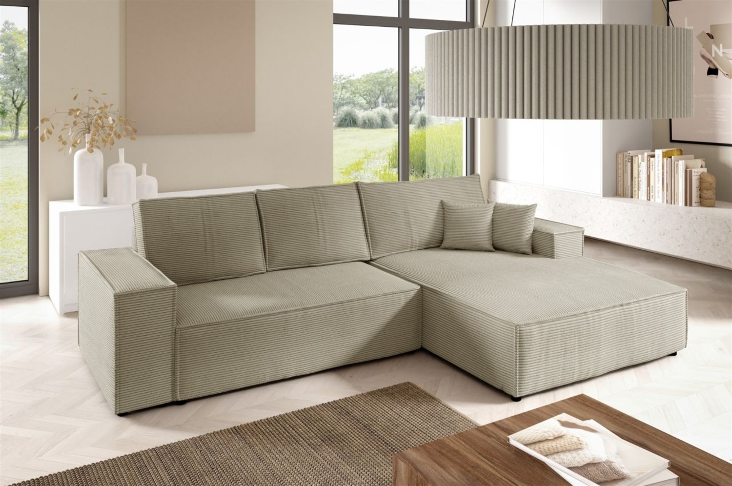 Ecksofa Schlafsofa CORUNIA Stoff Poso Graubeige Ottomane Rechts Bild 1