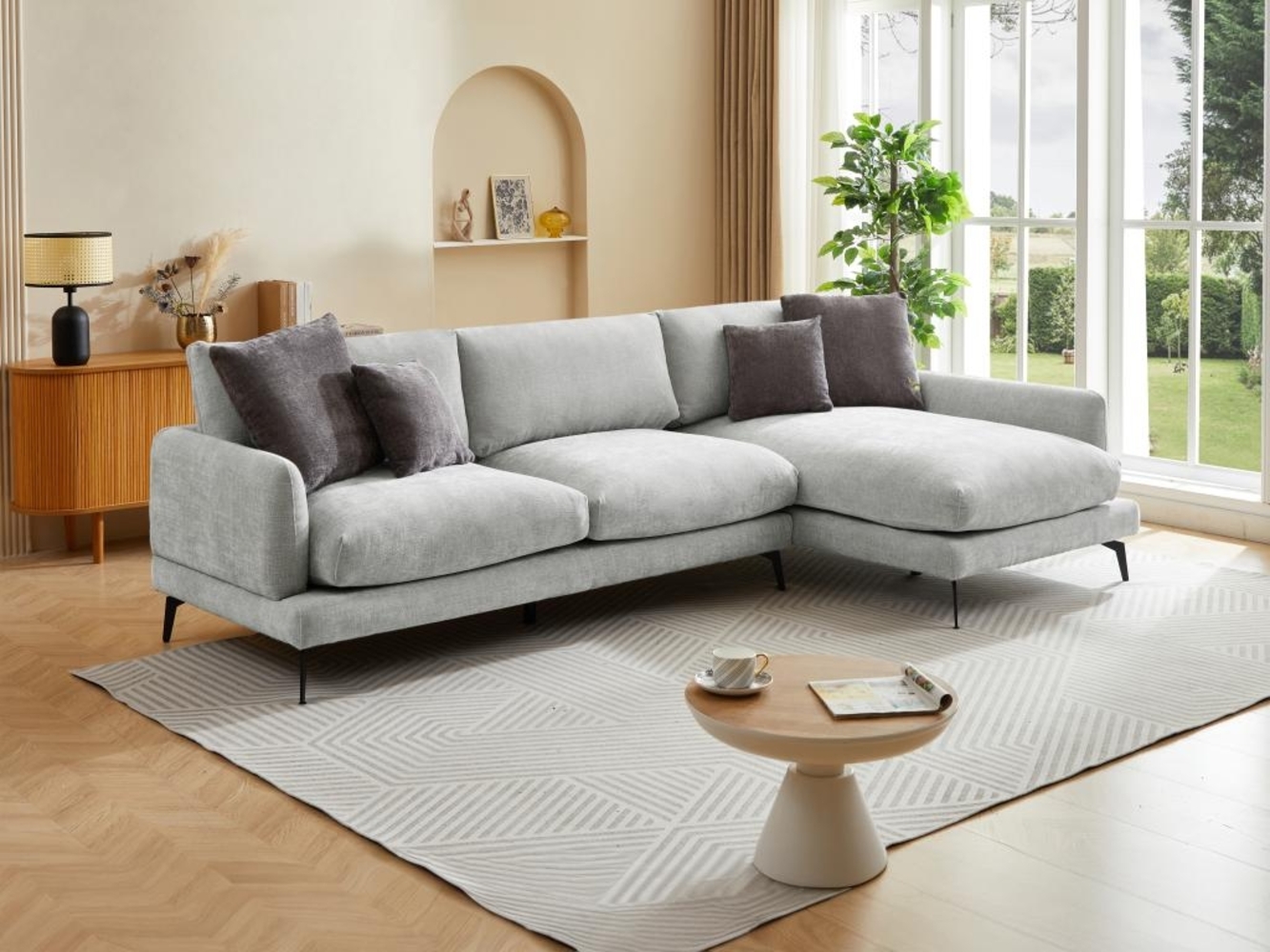 Vente-unique - Ecksofa - Ecke rechts - Strukturstoff - Hellgrau - ROCALTA Bild 1