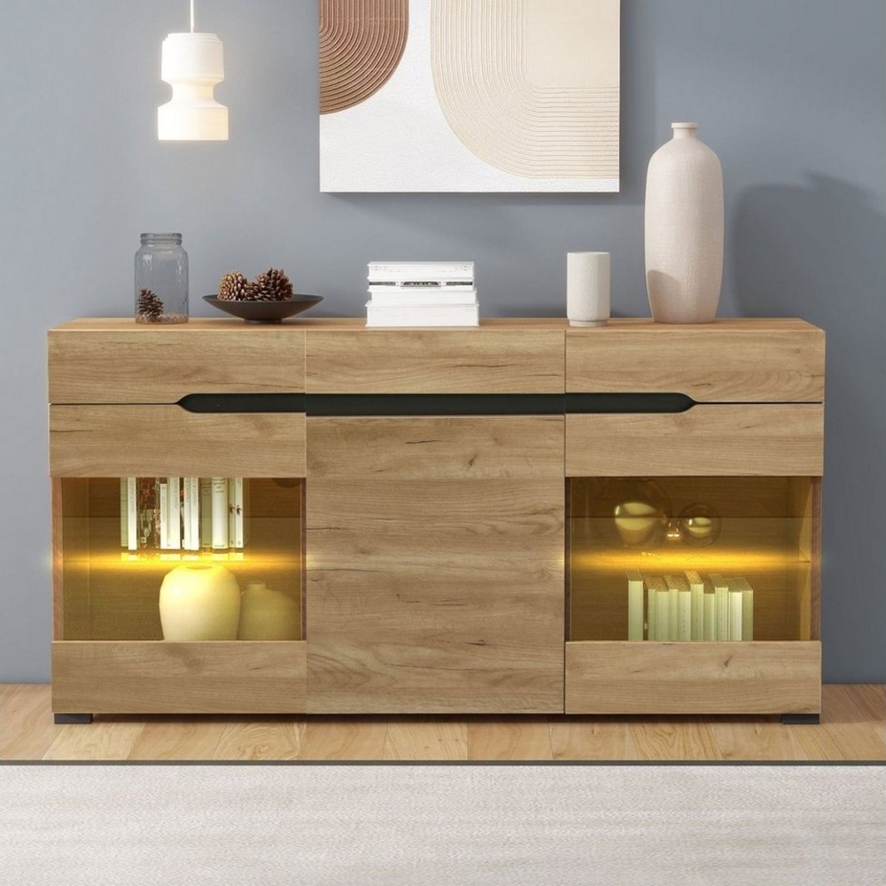 Sweiko Sideboard (Anrichte mit 3 Türen und 3 Schubladen, Kommode mit LED-Licht und Glasböden), 140*80*35 cm Bild 1