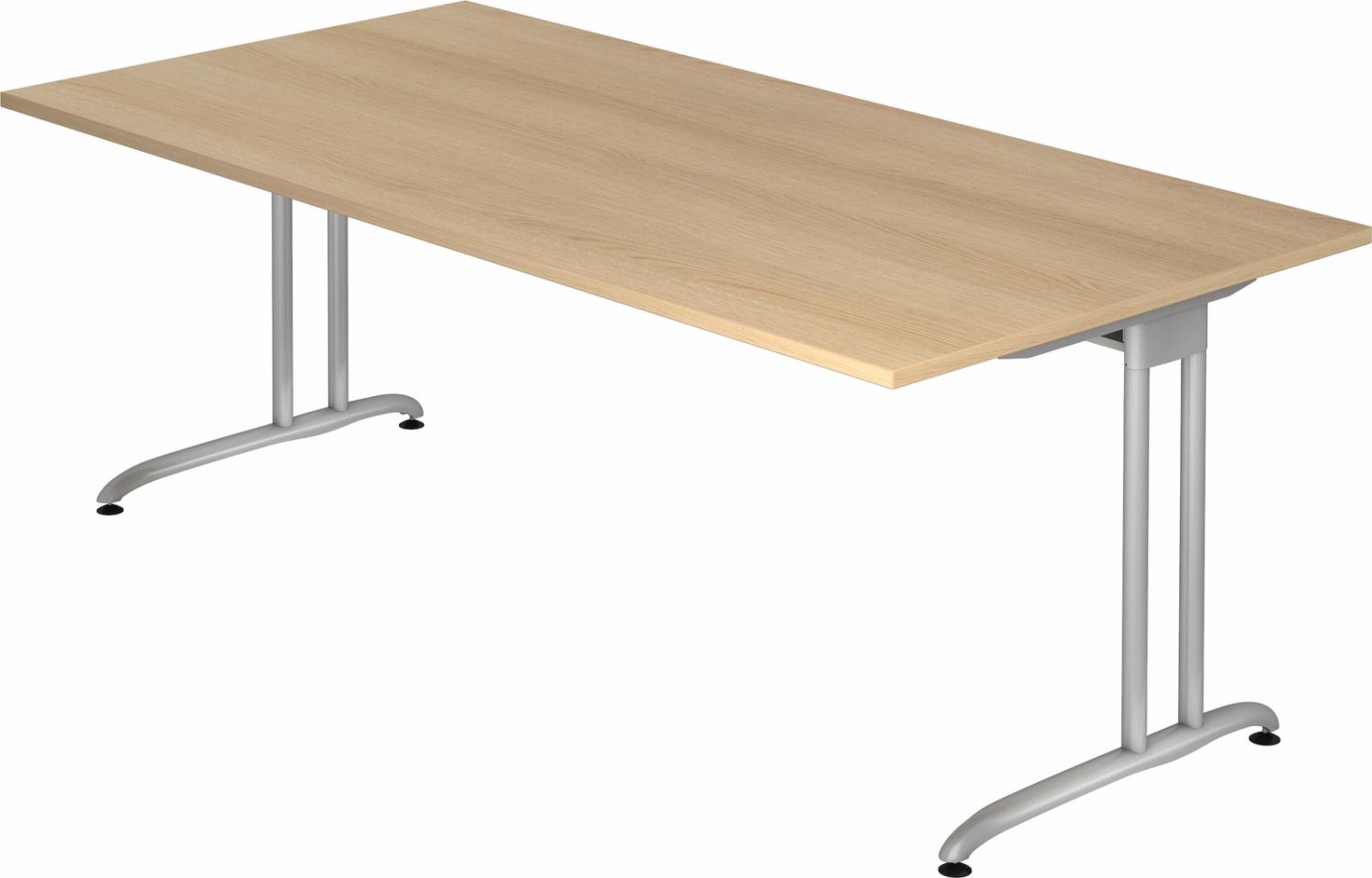 bümö Schreibtisch groß, Serie 200x100 cm, Tischplatte aus Holz in Eiche, Gestell aus Metall in Silber - PC Tisch, großer Computertisch für's Büro, Office Bürotisch, BS-2E-E Bild 1