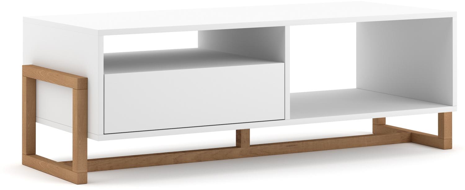 Domando Couchtisch Anzio Skandinavisch für Wohnzimmer Breite 120cm, Push-to-open-System, Gestell aus Buche, Weiß Matt Bild 1