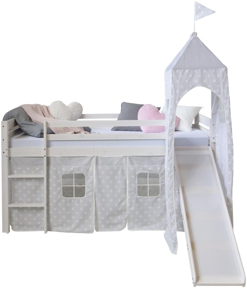 Hochbett Spielbett Kinderbett Rutsche Turm Vorhang grau Stern 90x200 Jugendbett Bild 1