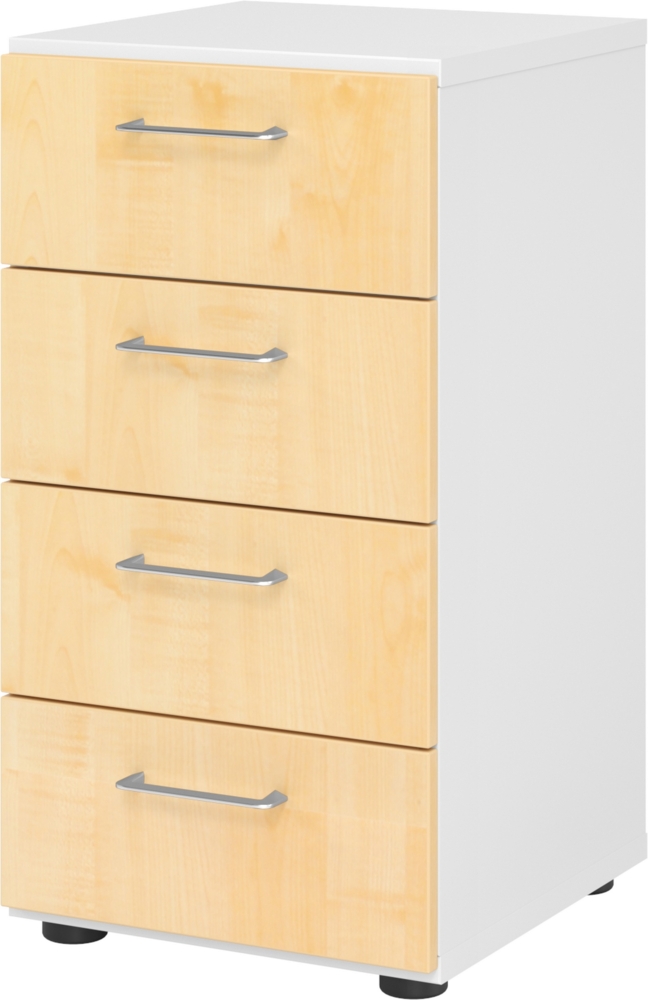 bümö smart Schubladenschrank, Büroschrank in Weiß/Ahorn mit 4 Schüben - Bürocontainer aus Holz, Container mit Metallgriffen & Soft-Stop Schubladen, 924S4-W-3-BS Bild 1