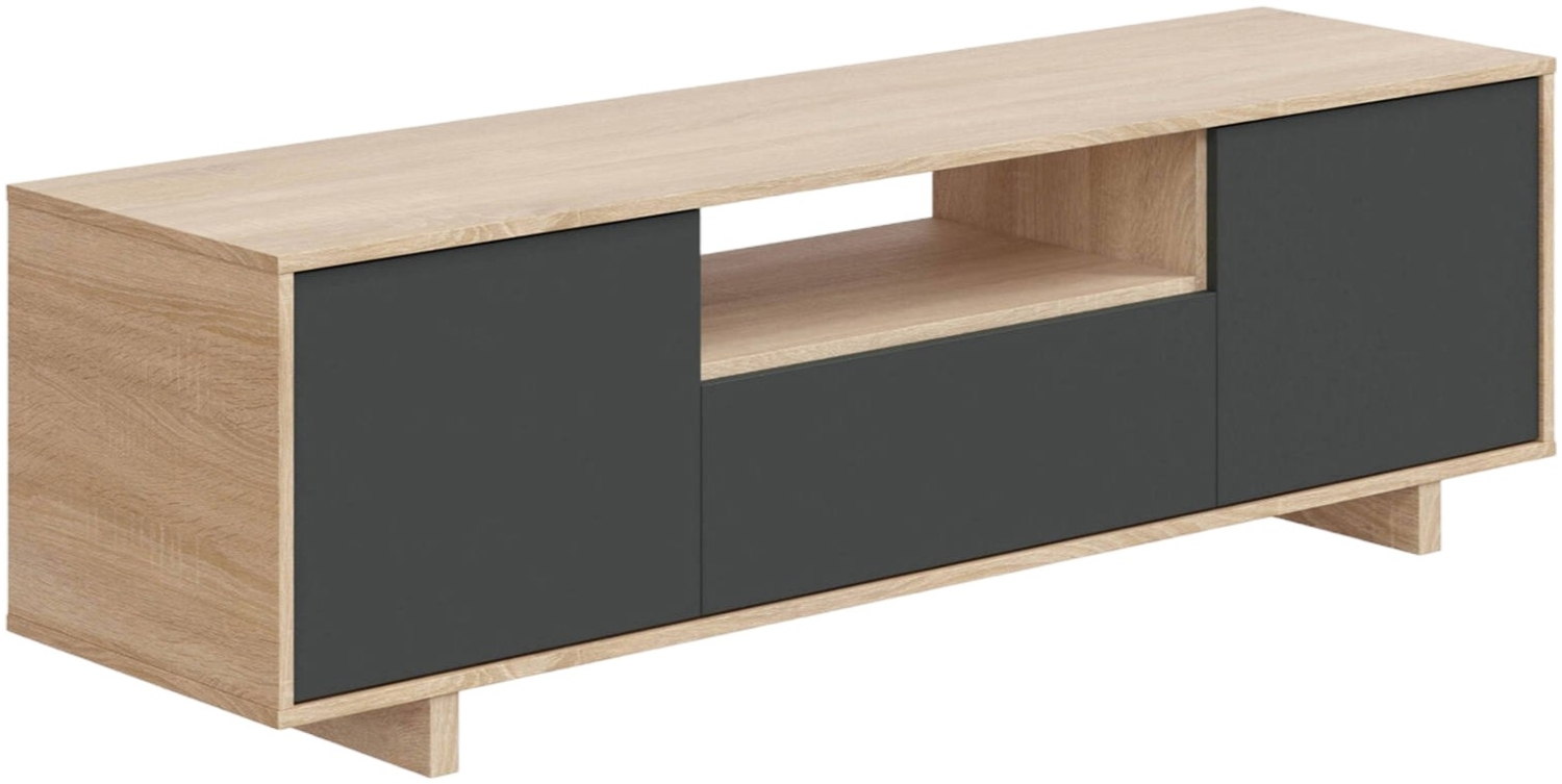 Dmora Andalusia TV-Ständer, Sideboard für Wohnzimmerfernseher, 3-türiger TV-Ständer, niedriges Sideboard, 150x41h46 cm, Eiche Bild 1