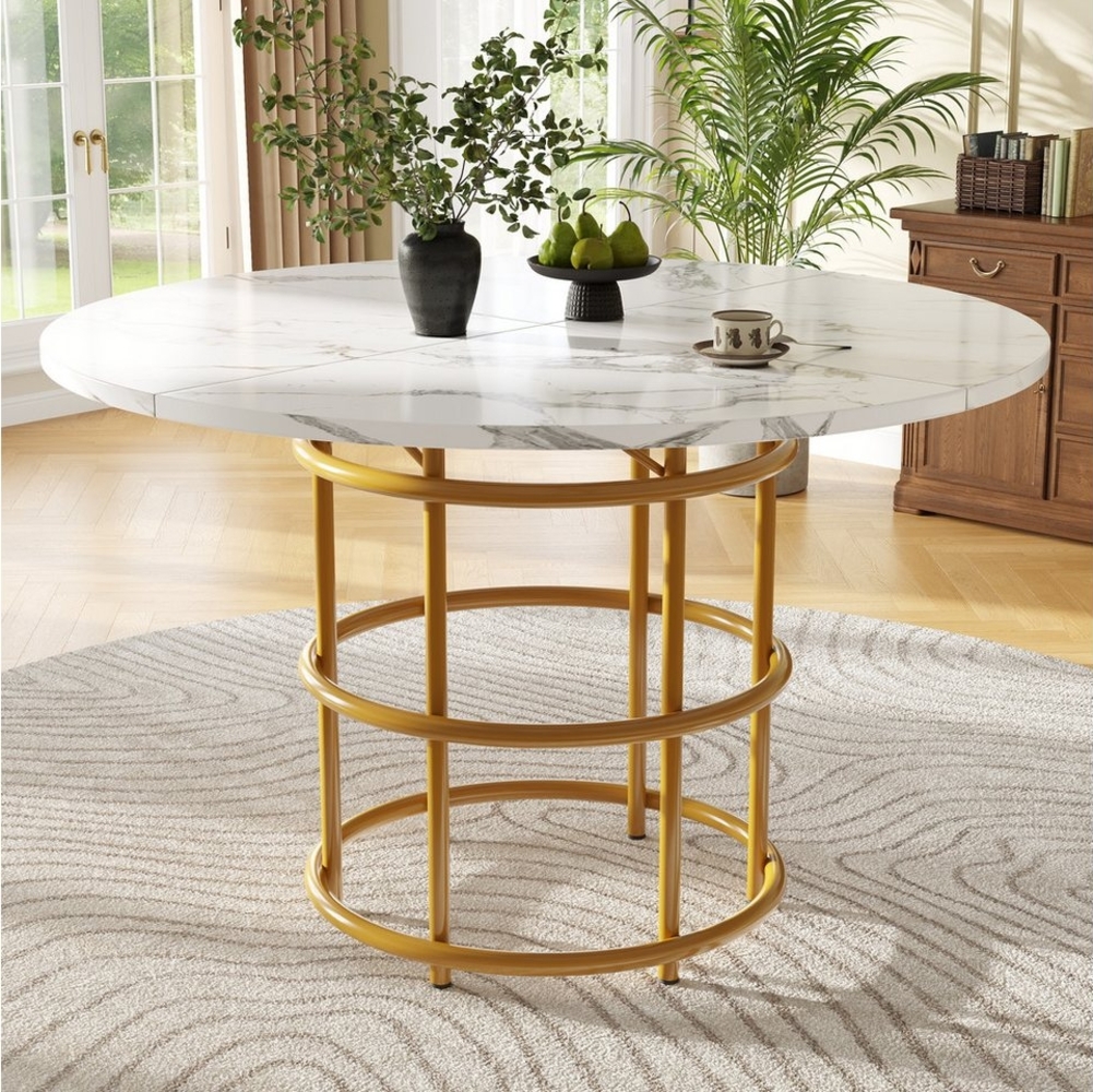 Flieks Esstisch (1-St, 1 Tisch, 100x76 cm), runder Küchentisch, weiße Marmoroptik, Metallbeine Bild 1