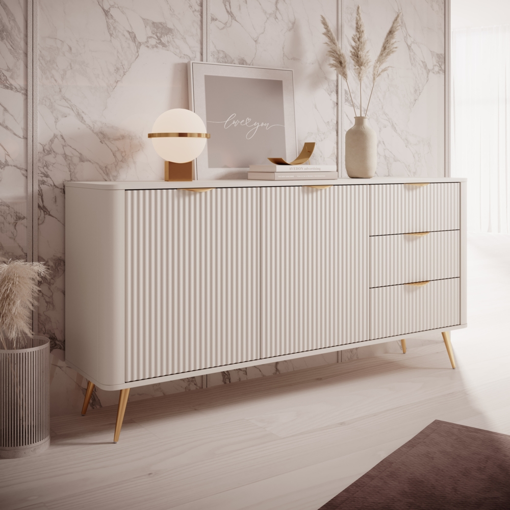Kommode Literpo 2D3S, geriffelte Fronten, Metallfüße, Aluminiumgriffe (Farbe: Beige) Bild 1