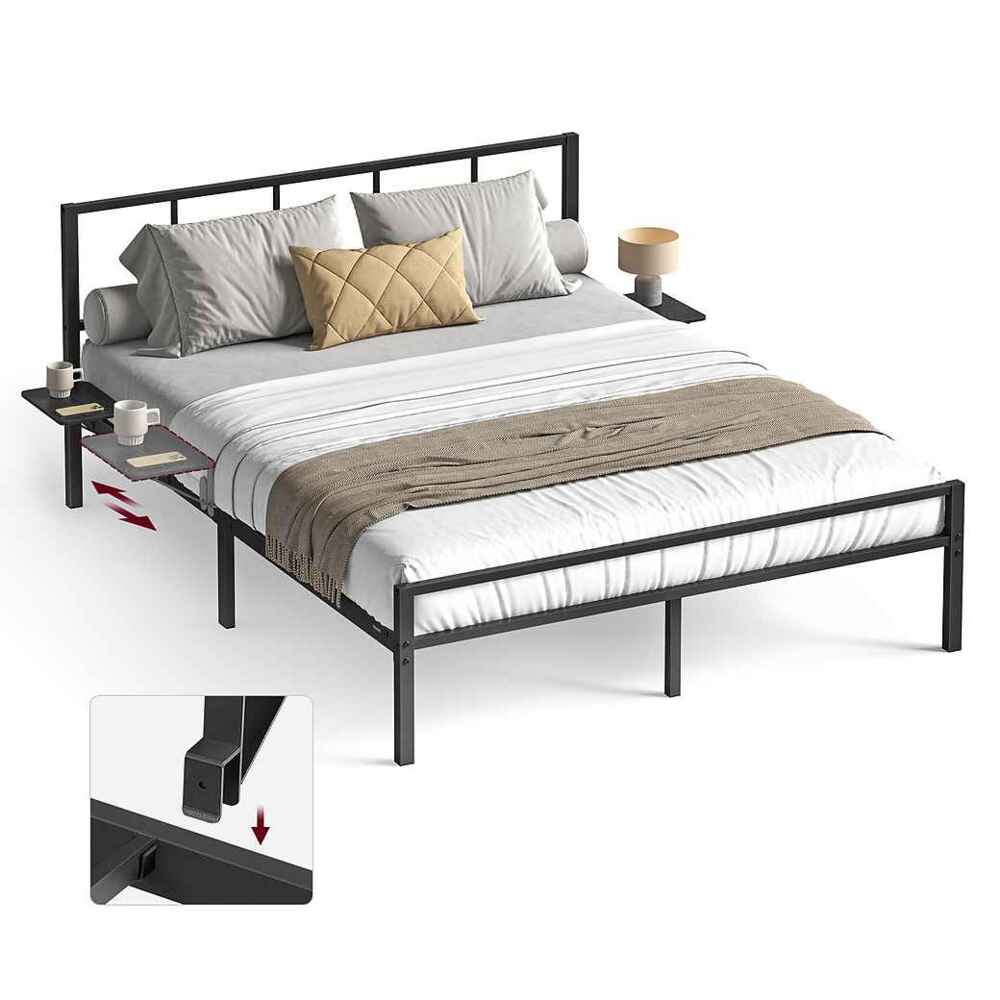 VASAGLE Doppelbettgestell, Bett, passend für 140 x 200 cm Matratze, Metallbett, Bettrahmen, mit Kopfteil, modern, mit Aufbewahrungsregalen, Gästebett, für Teenager, tintenschwarz Bild 1