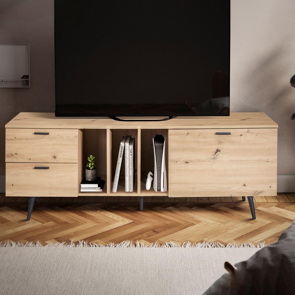 FineBuy Lowboard Eiche-Dekor 150x55x40 cm Design TV-Kommode Modern, TV-Schrank Hoch, Fernsehtisch Fernsehschrank mit Tür & Schubladen, Fernsehkommode Wohnzimmer Modern Braun Bild 1