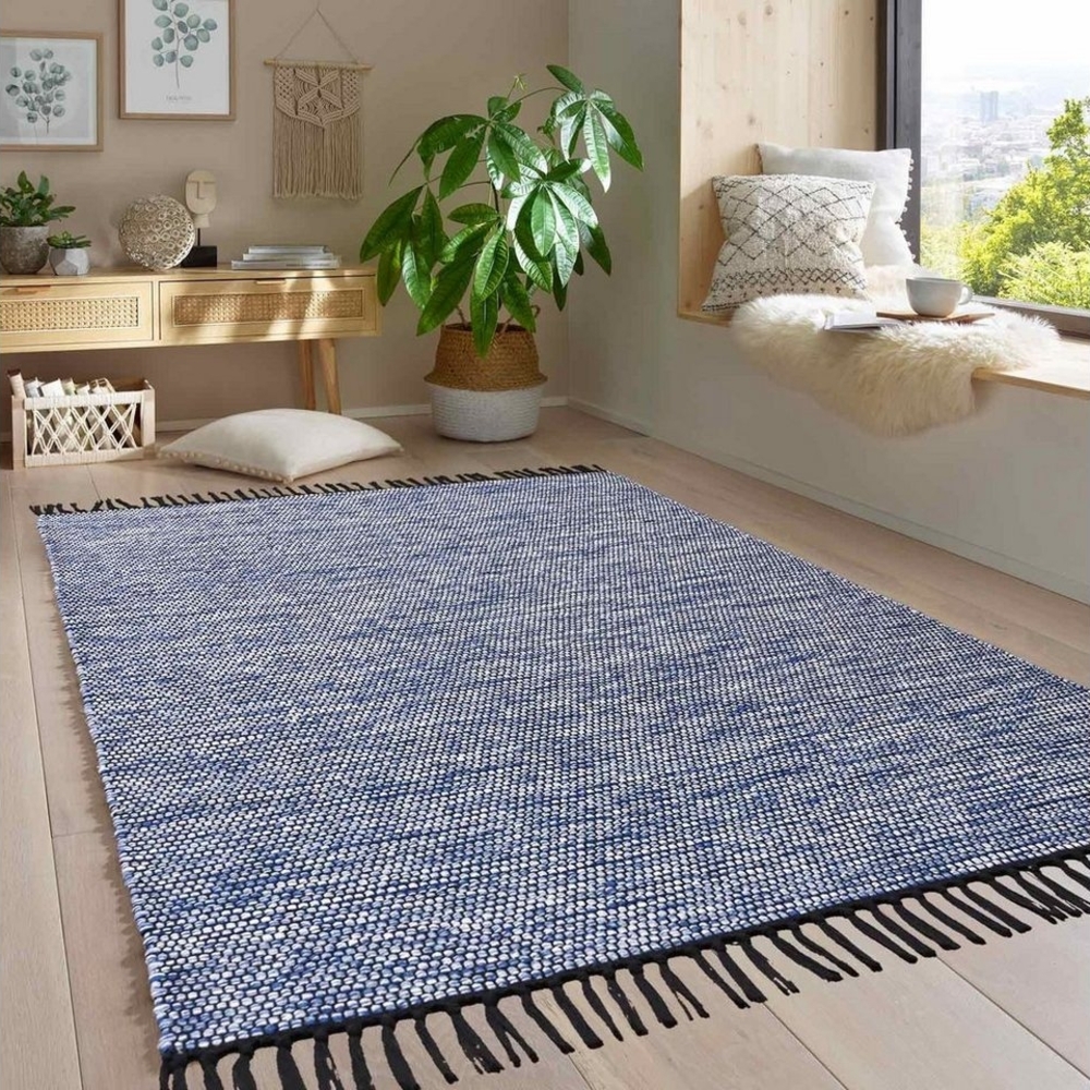 TaraCarpet Wollteppich Handwebteppich Borkum 100% Baumwolle, rechteckig, Höhe: 5 mm, gewebt Baumwolle blau nachhaltig modern Wohnzimmer Küche 080x150 cm Bild 1