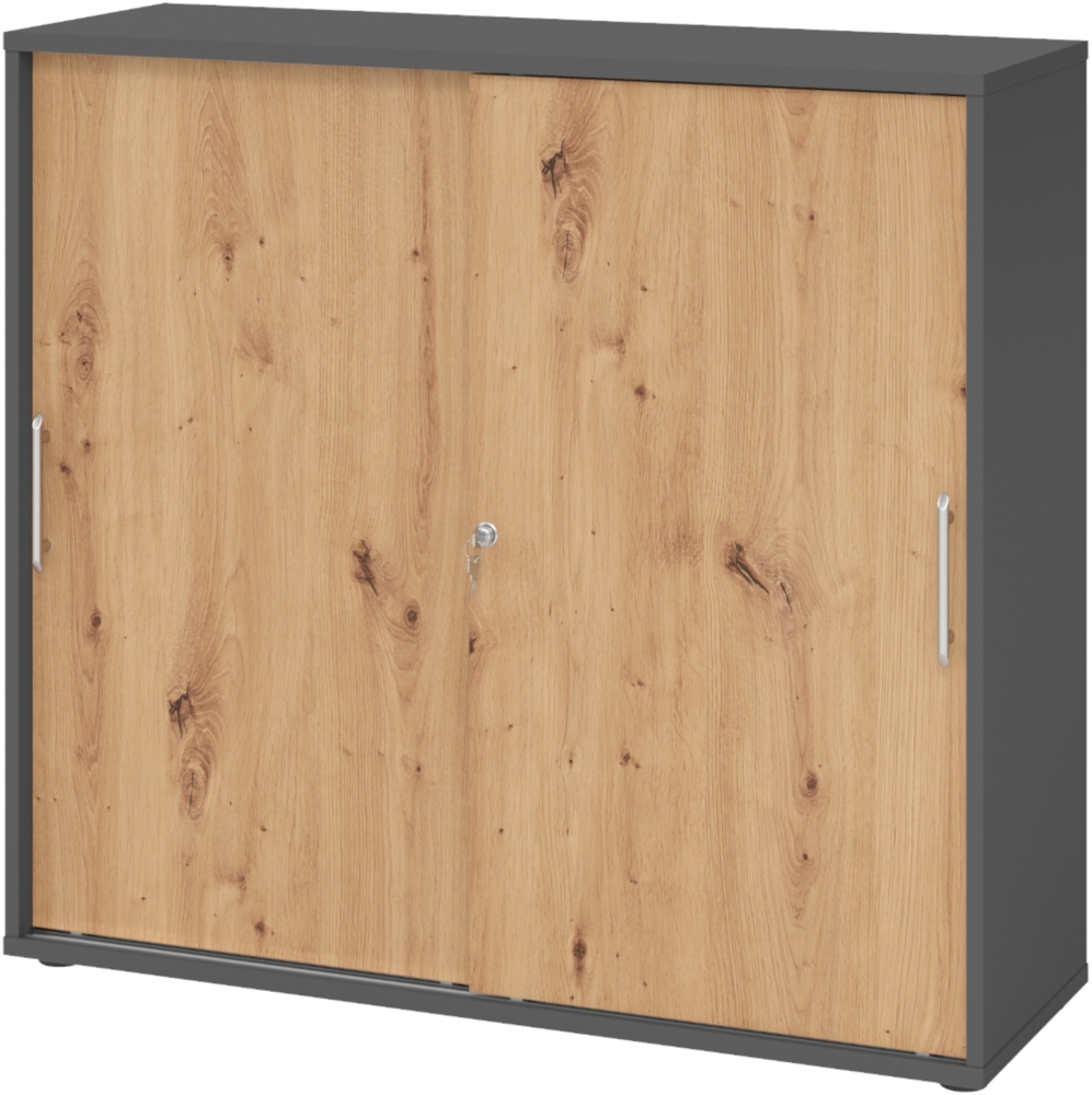 bümö Schiebetürenschrank 3OH - Aktenschrank abschließbar, Sideboard Schrank mit Schiebetüren in Graphit/Asteiche, Relinggriff - Büroschrank aus Holz mit Schiebetür, Büro Kommode für Ordner & Co, 1753S-G-R-RE Bild 1