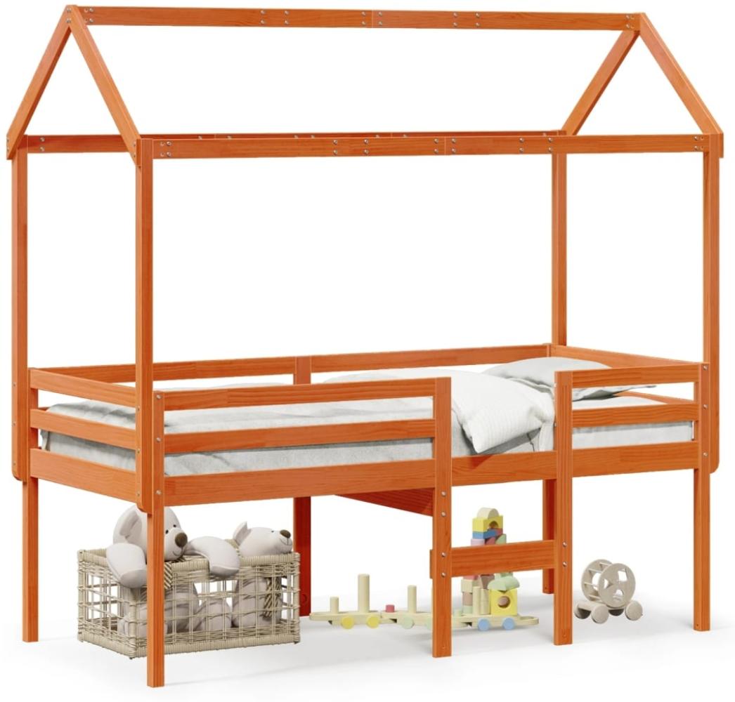 vidaXL Hochbett mit Dach Wachsbraun 75x190 cm Massivholz Kiefer 3282143 Bild 1