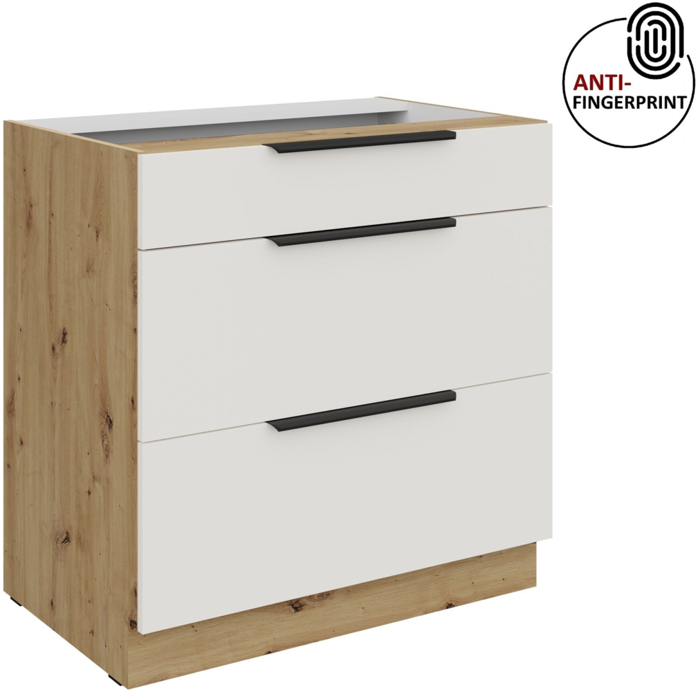 Küchen Unterschrank 80 cm Küche ARIA Weiss ultra matt + Eiche Artisan matt, hochwertige Fronten mit Anti Fingerprint Beschichtung, Soft-Close Küchenzeile Küchenblock Bild 1