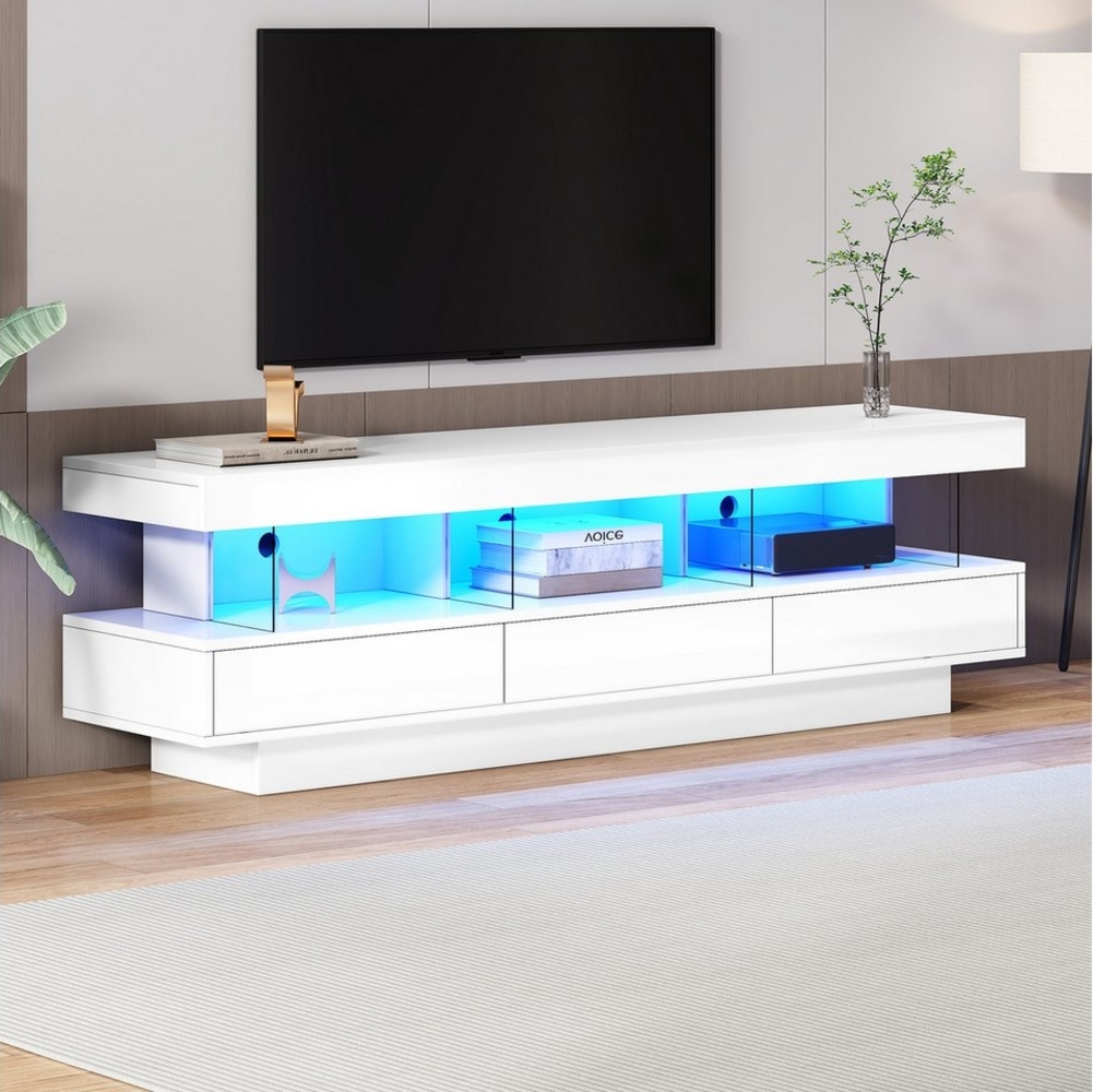 HAUSS SPLOE Wohnzimmer-Set Hochglanz-TV-Ständer mit 3 Glasablagen, LED-Beleuchtung, weiß, (TV-Schrank hochglanz, TV-Board, Fernsehtisch, 1-St, 160*38*50.5cm, für 70-Zoll-Fernseher), mit 3 Glasfächern,LED-Beleuchtung und Schuladen, freistehend Bild 1