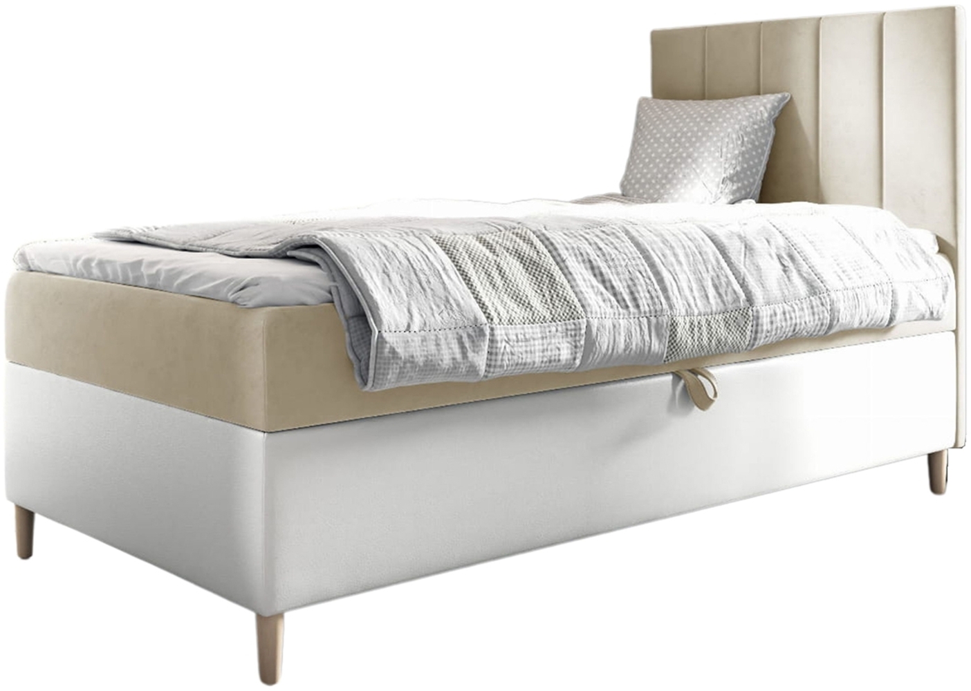 MEBLINI Kinderbett mit Bettkasten MAYA 1 90x200 Rechts - H3/Beige Samt Gepolstert Einzelbett mit Matratze - Polsterbett mit Stauraum - Bett mit Kopfteil – Stauraumbett Bild 1