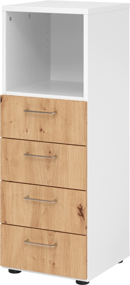 bümö smart Schubladenschrank, Büroschrank in Weiß/Asteiche mit 4 Schüben & 1 Regalfach - Bürocontainer aus Holz, Container mit Metallgriffen & Soft-Stop Schubladen, 934S4-W-R-BS Bild 1