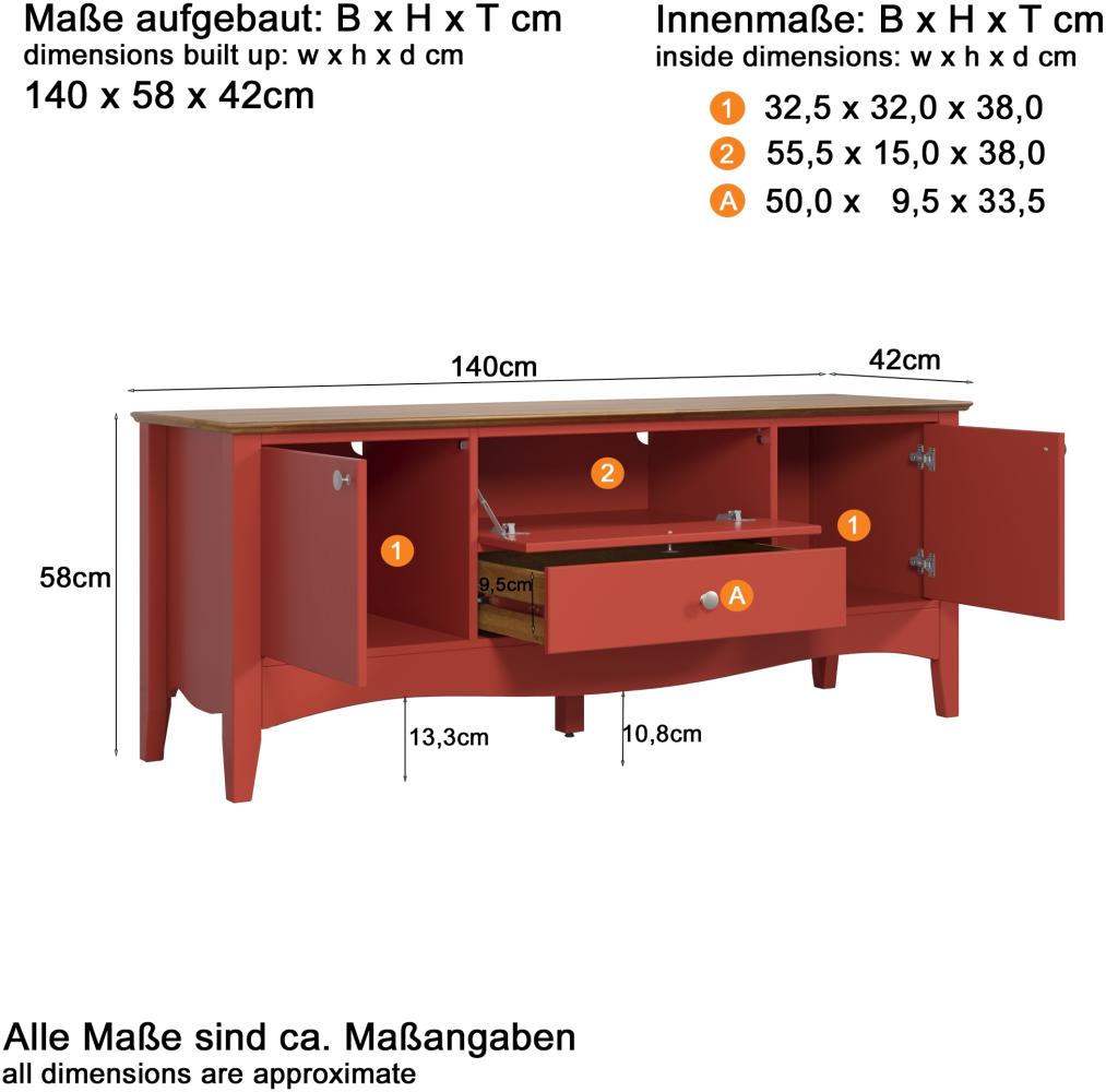 Inter-Furn Lissabon - Kommoden TV-Lowboard - Kiefer teilmassiv, Rot lackiert - B/H/T: 140 / 58 / 42 cm Bild 1