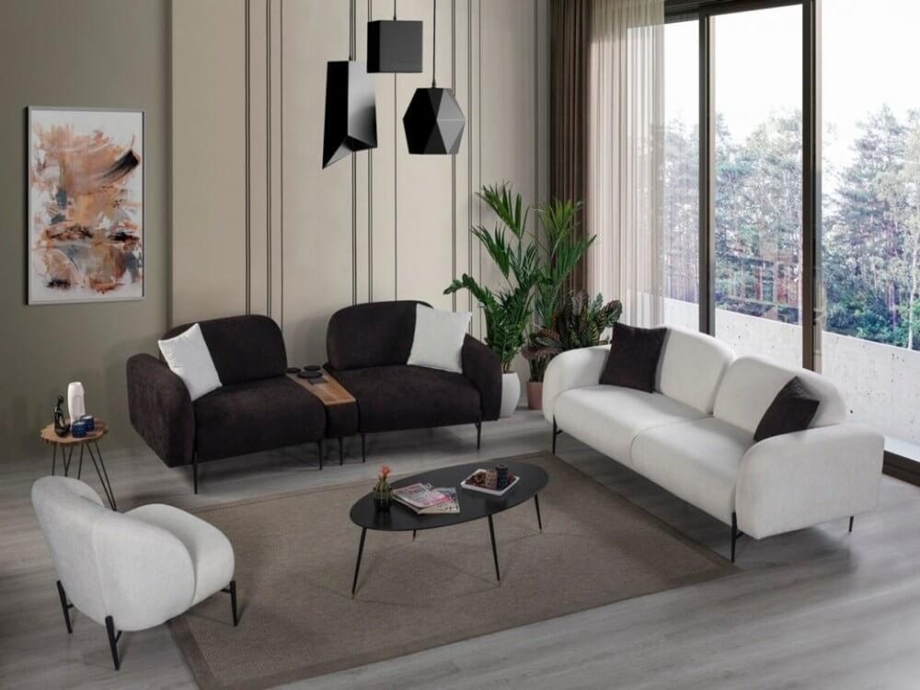 Sitzgruppe/Sofa Set - Wohnzimmergarnitur "Arbor" 3+3+1 mit Bluetooth-Soundsystem-Weiß/Braun Bild 1